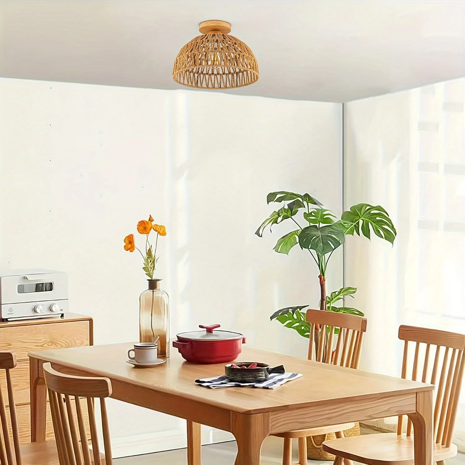Boho Rattan Ceiling Light Flush Mount Handwoven Pendant Lamp for Bedroom - Image 5