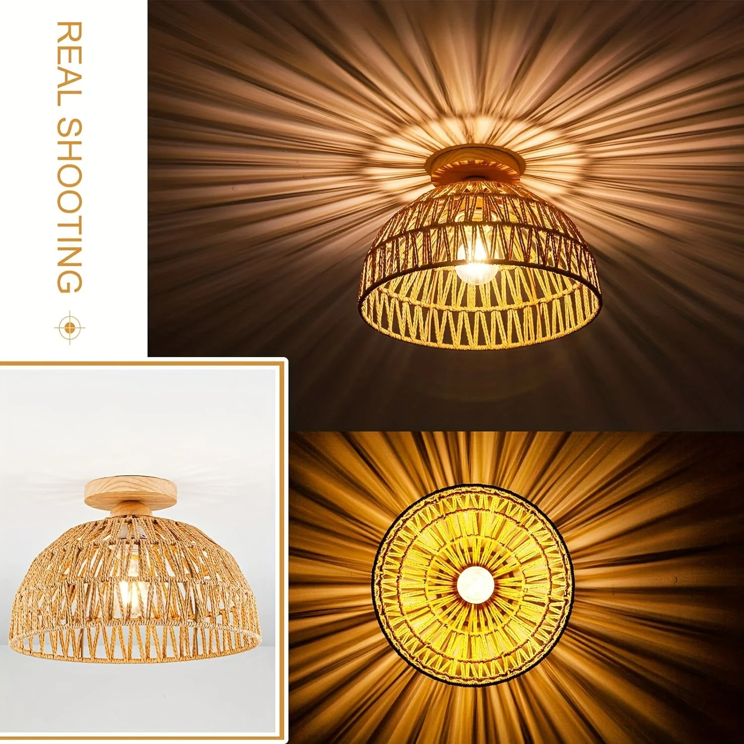 Boho Rattan Ceiling Light Flush Mount Handwoven Pendant Lamp for Bedroom - Image 6