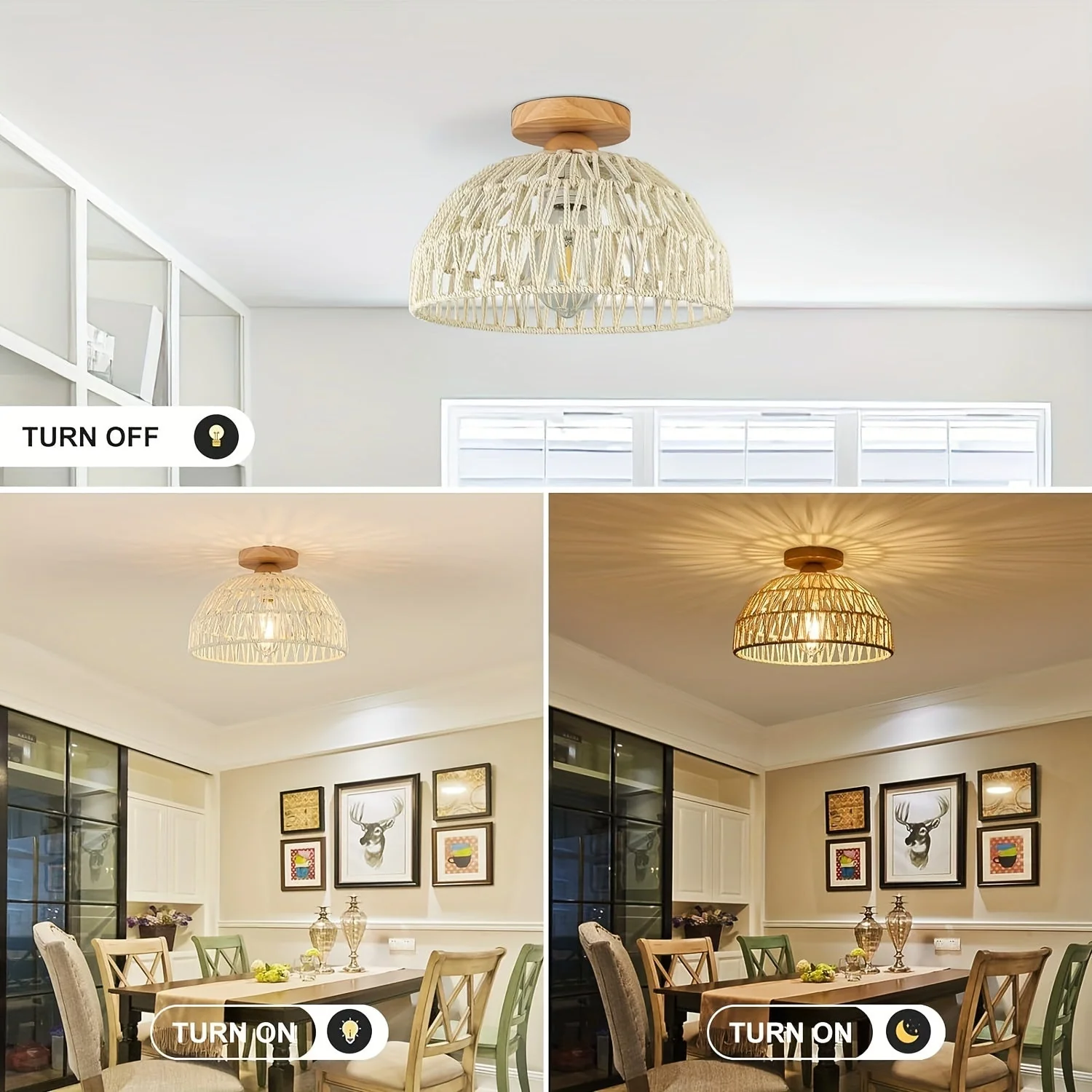 Boho Rattan Ceiling Light Flush Mount Handwoven Pendant Lamp for Bedroom - Image 9