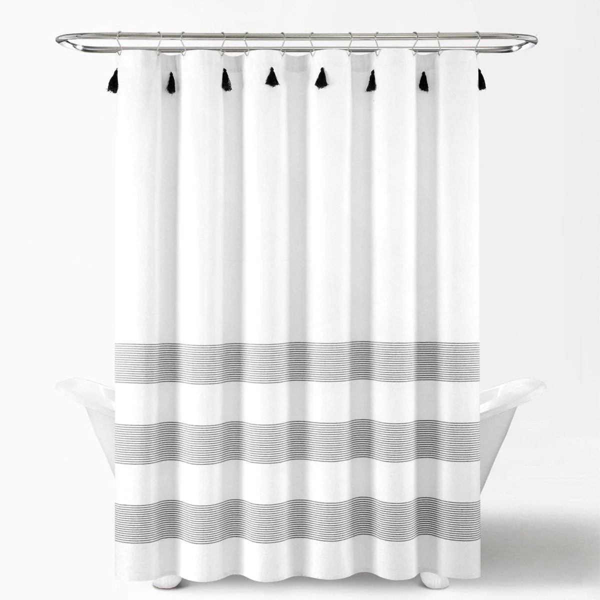 Boho Tassel Stripe Yarn Dyed Recycled Cotton Blend Shower Curtain - Image 3
