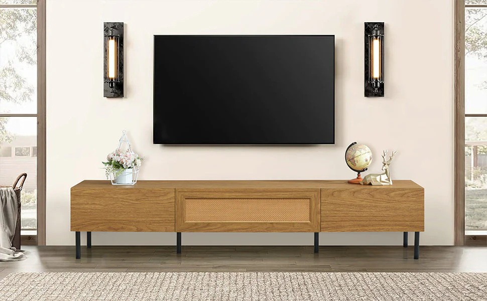 Boho TV Stand for TVs Up to 80" with Rattan Decoration and Metal Legs - Image 15