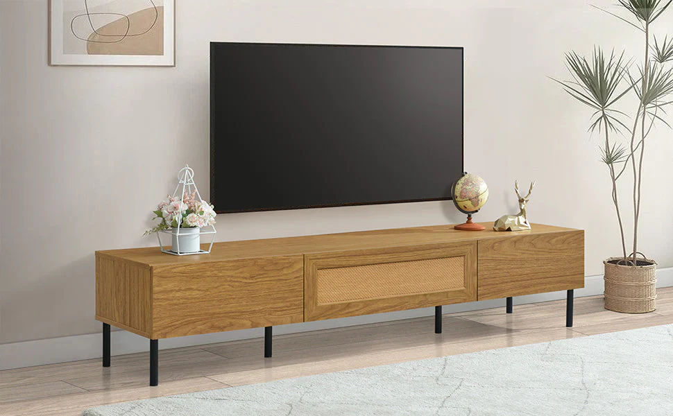 Boho TV Stand for TVs Up to 80" with Rattan Decoration and Metal Legs - Image 16