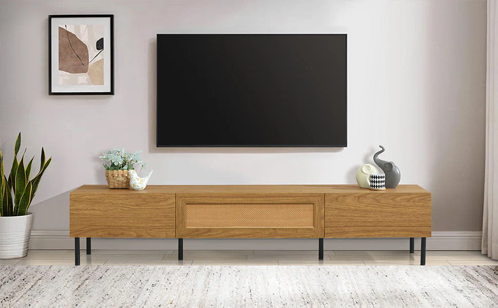 Boho TV Stand for TVs Up to 80" with Rattan Decoration and Metal Legs - Image 17