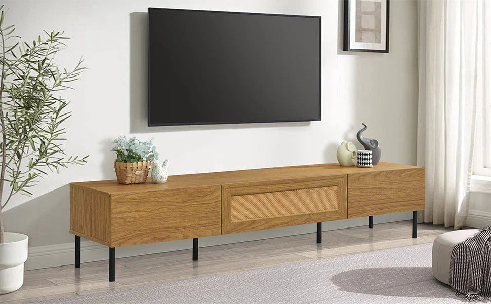 Boho TV Stand for TVs Up to 80" with Rattan Decoration and Metal Legs - Image 18