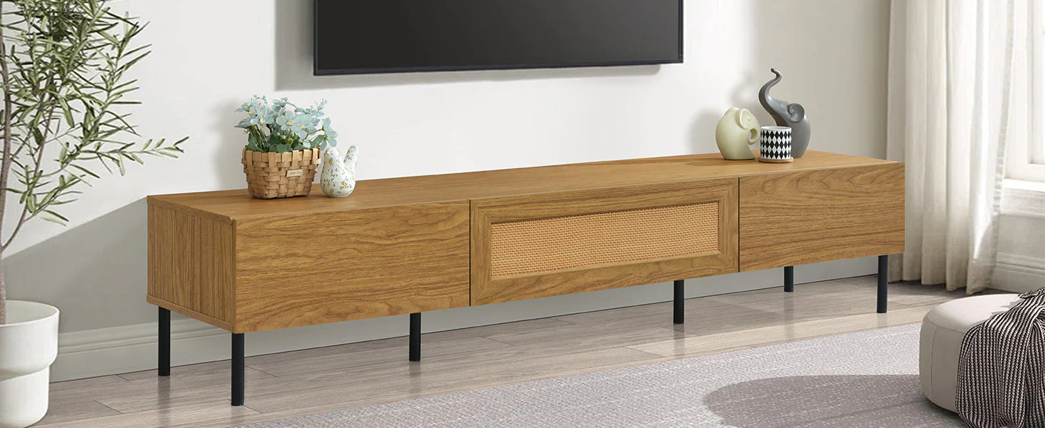 Boho TV Stand for TVs Up to 80" with Rattan Decoration and Metal Legs - Image 19