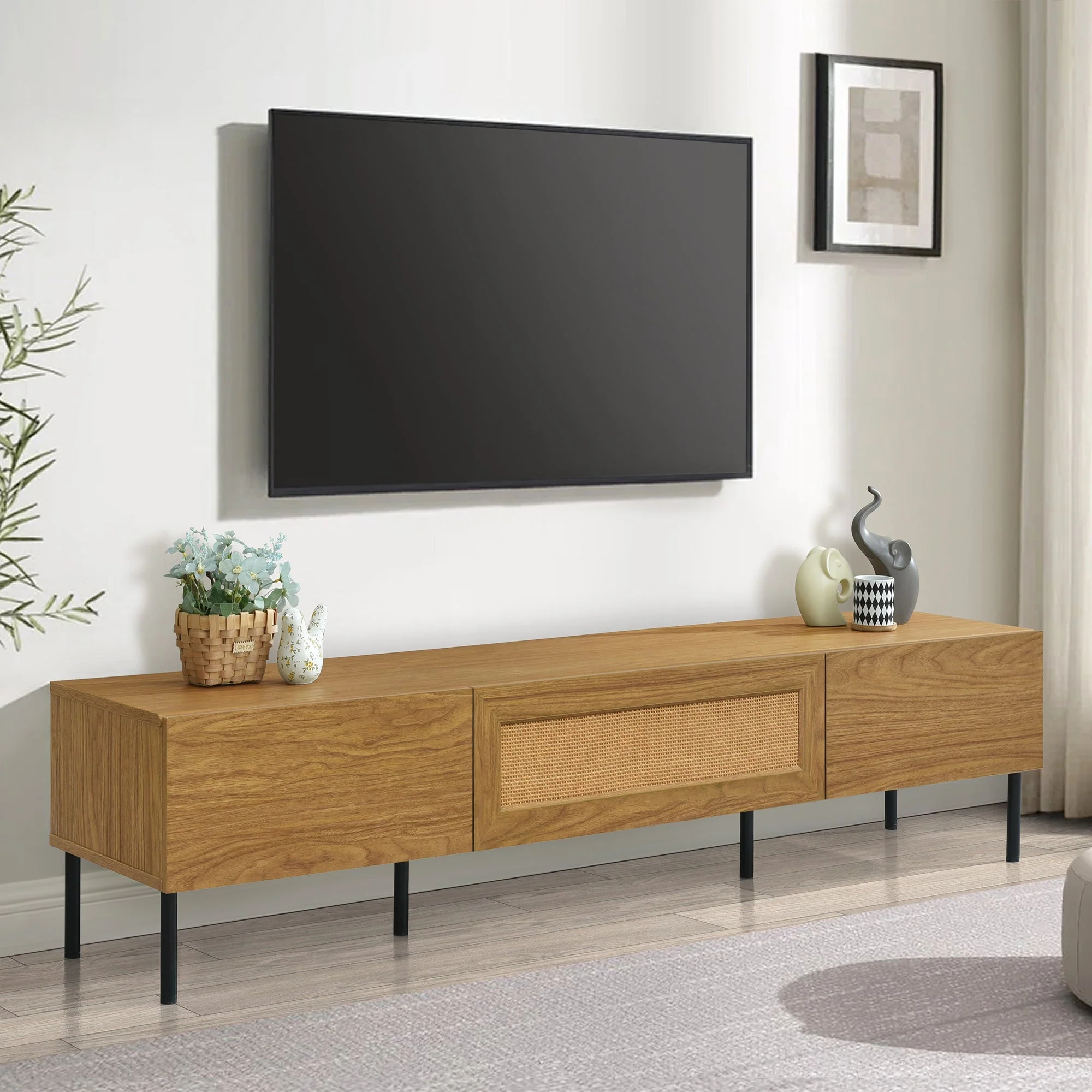 Boho TV Stand for TVs Up to 80" with Rattan Decoration and Metal Legs - Image 2