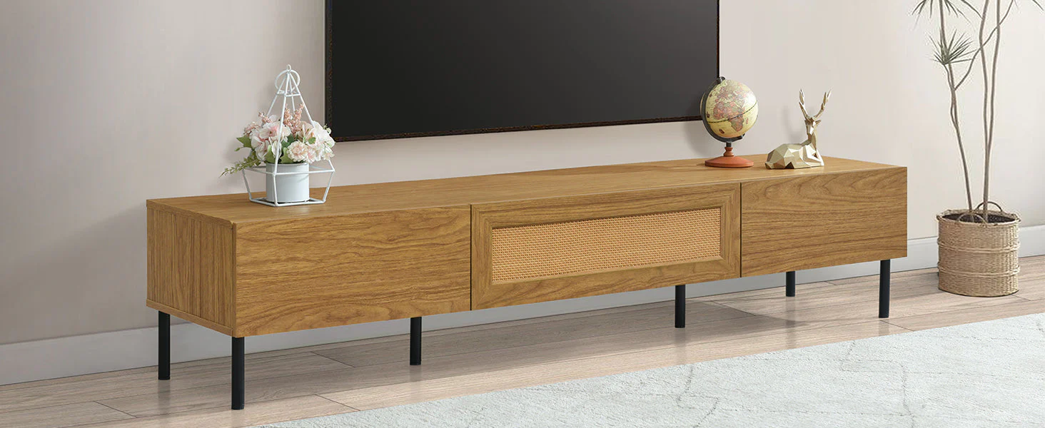 Boho TV Stand for TVs Up to 80" with Rattan Decoration and Metal Legs - Image 20