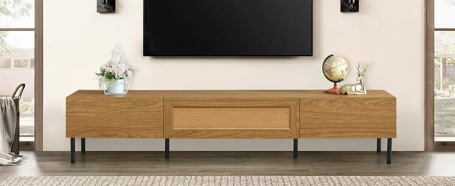 Boho TV Stand for TVs Up to 80" with Rattan Decoration and Metal Legs - Image 21