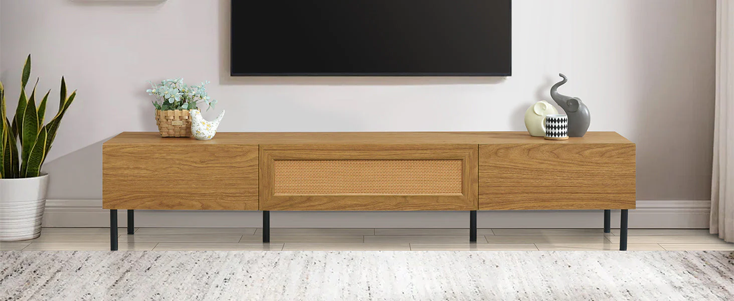 Boho TV Stand for TVs Up to 80" with Rattan Decoration and Metal Legs - Image 22