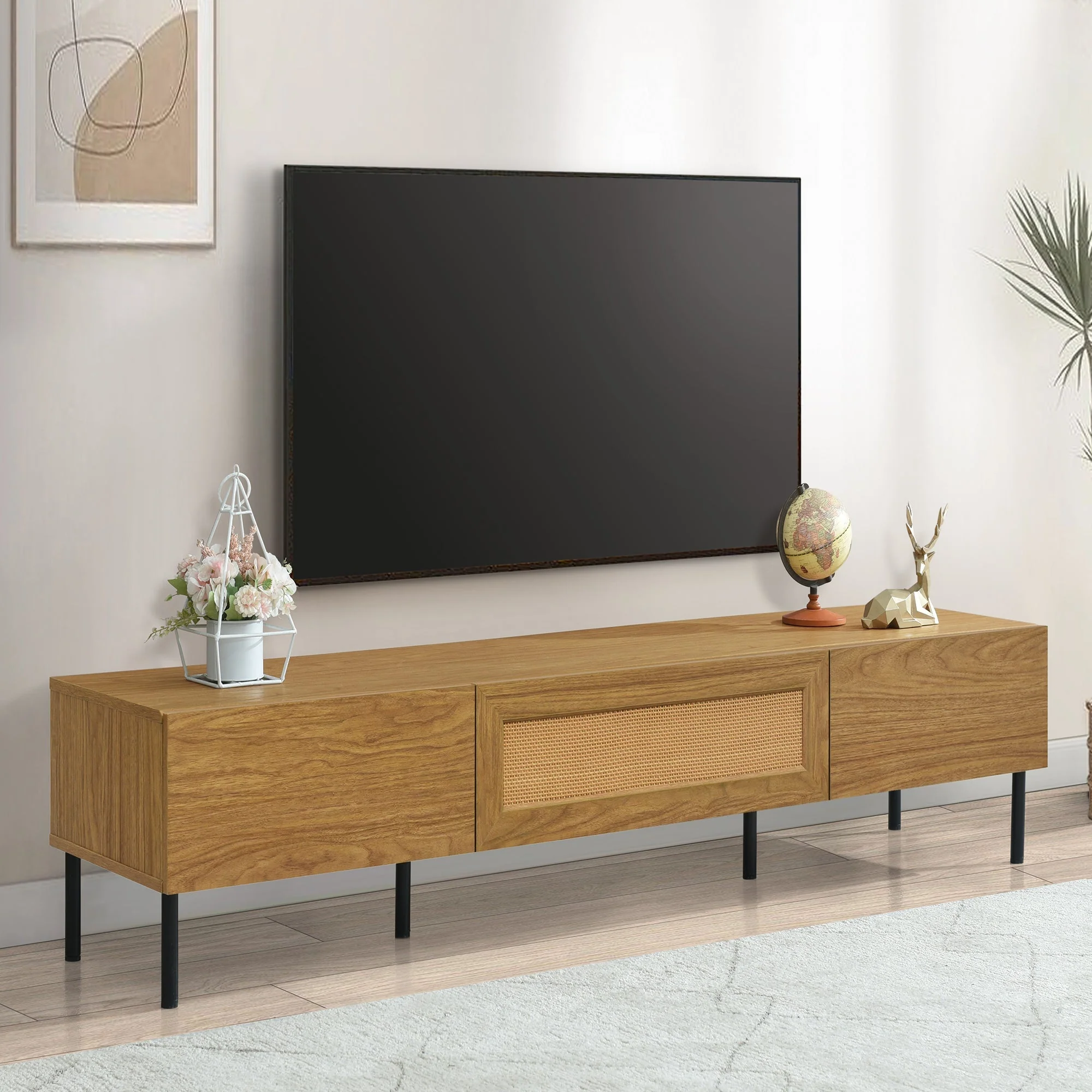 Boho TV Stand for TVs Up to 80" with Rattan Decoration and Metal Legs - Image 3