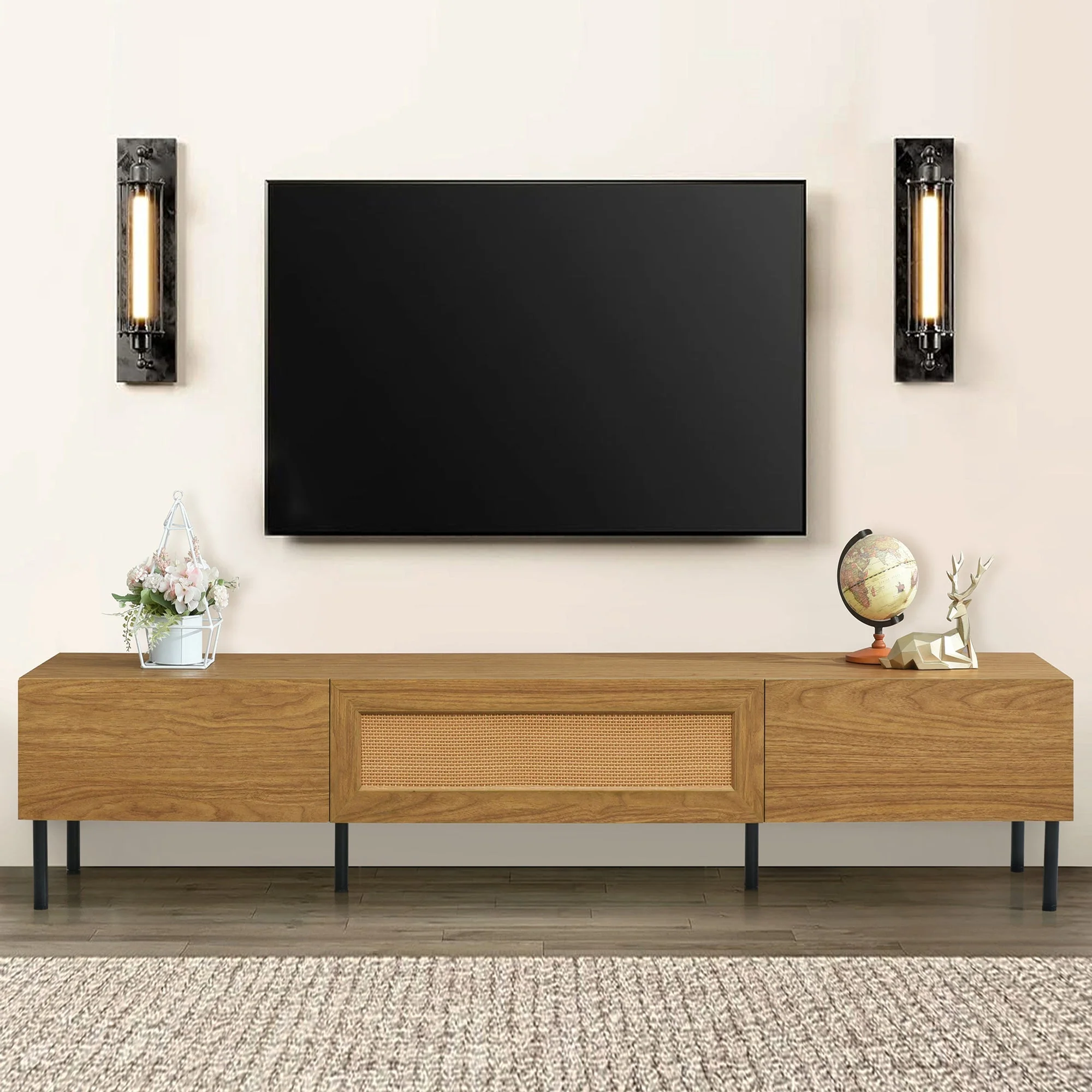 Boho TV Stand for TVs Up to 80" with Rattan Decoration and Metal Legs - Image 4