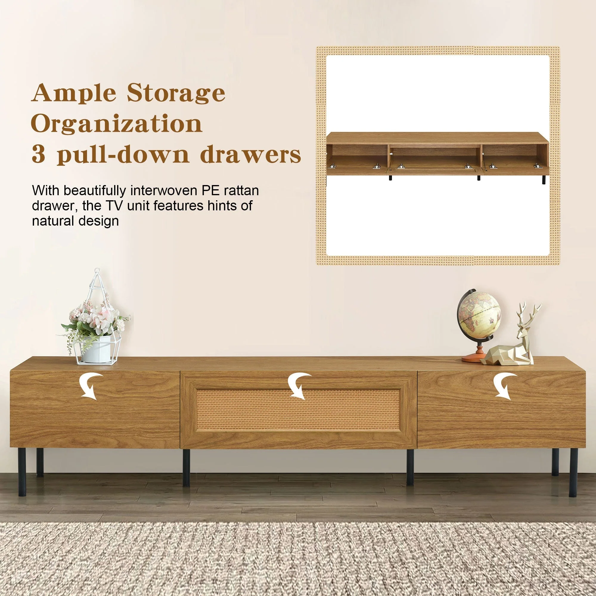 Boho TV Stand for TVs Up to 80" with Rattan Decoration and Metal Legs - Image 5