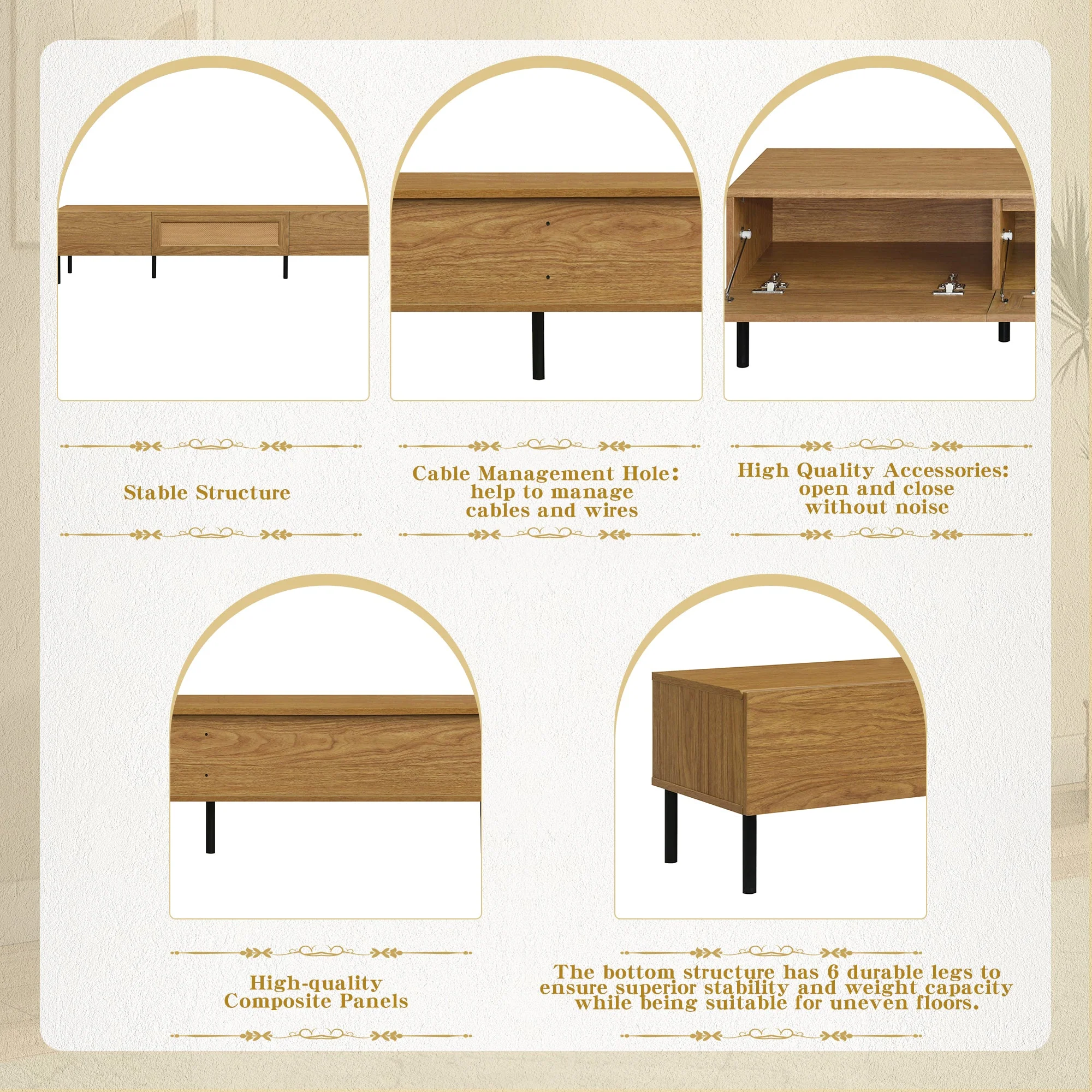 Boho TV Stand for TVs Up to 80" with Rattan Decoration and Metal Legs - Image 6