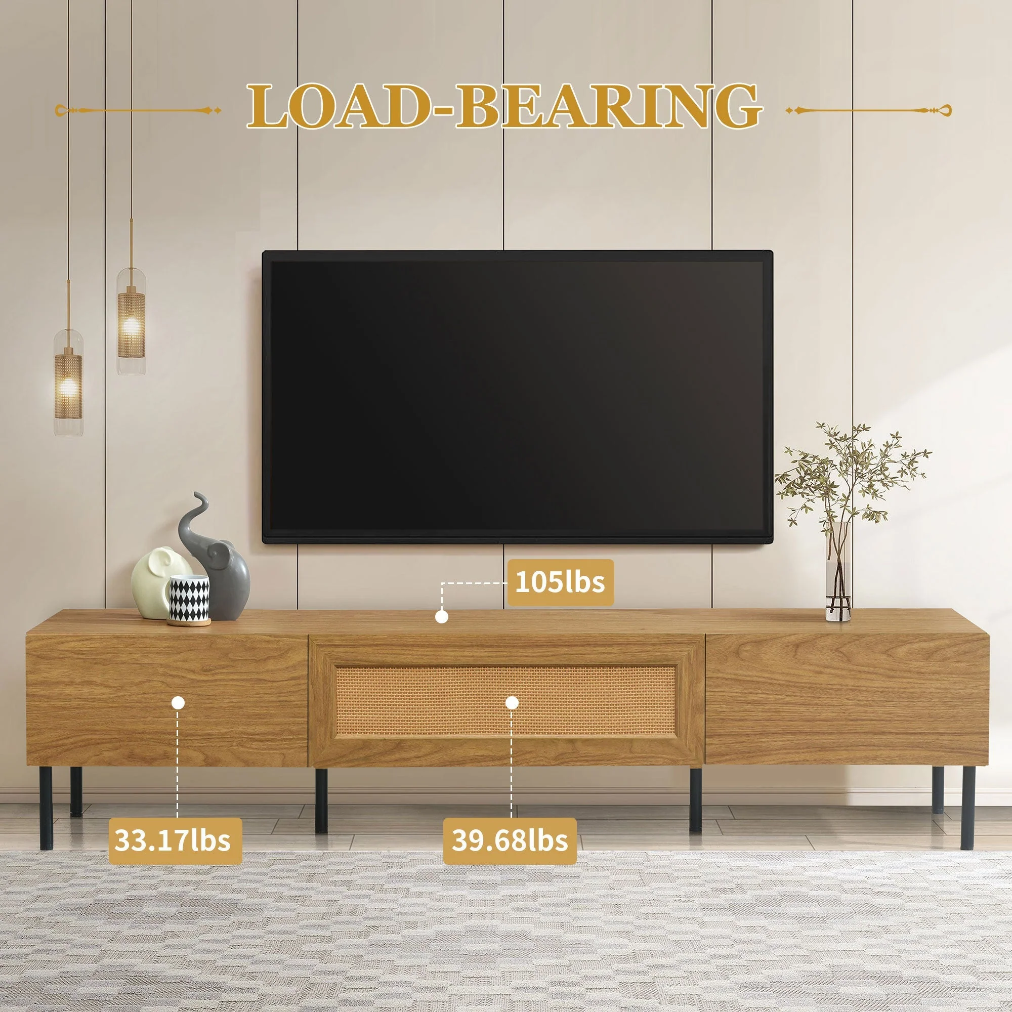 Boho TV Stand for TVs Up to 80" with Rattan Decoration and Metal Legs - Image 7