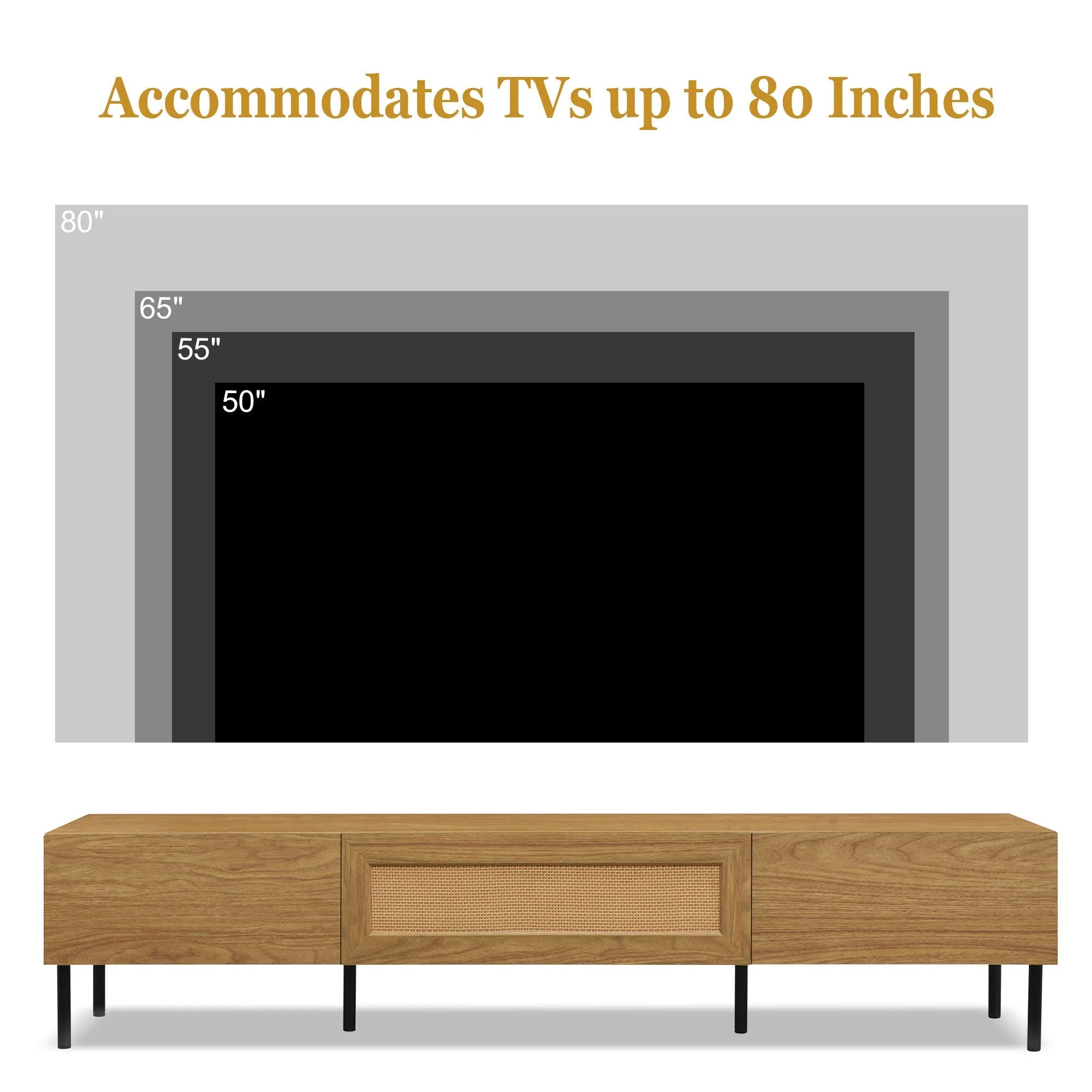Boho TV Stand for TVs Up to 80" with Rattan Decoration and Metal Legs - Image 8
