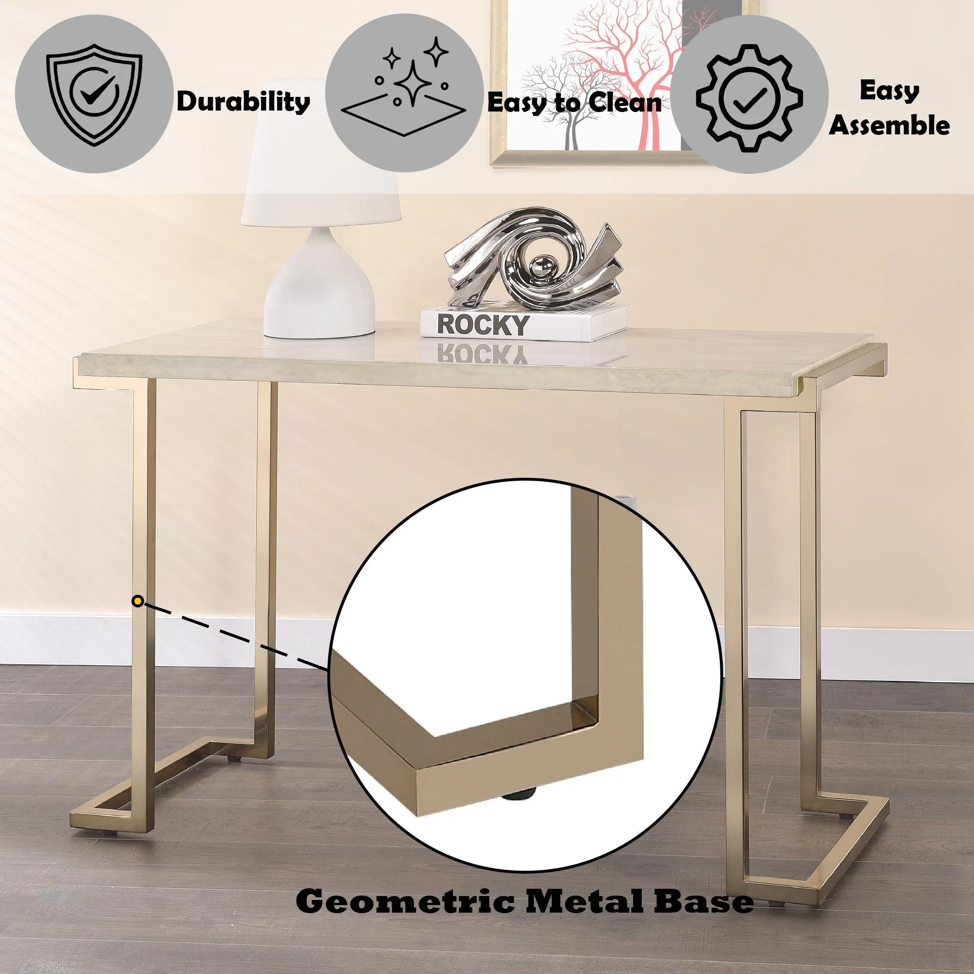 Boice II - Faux Marble Top Sofa Table - White / Champagne - Image 3