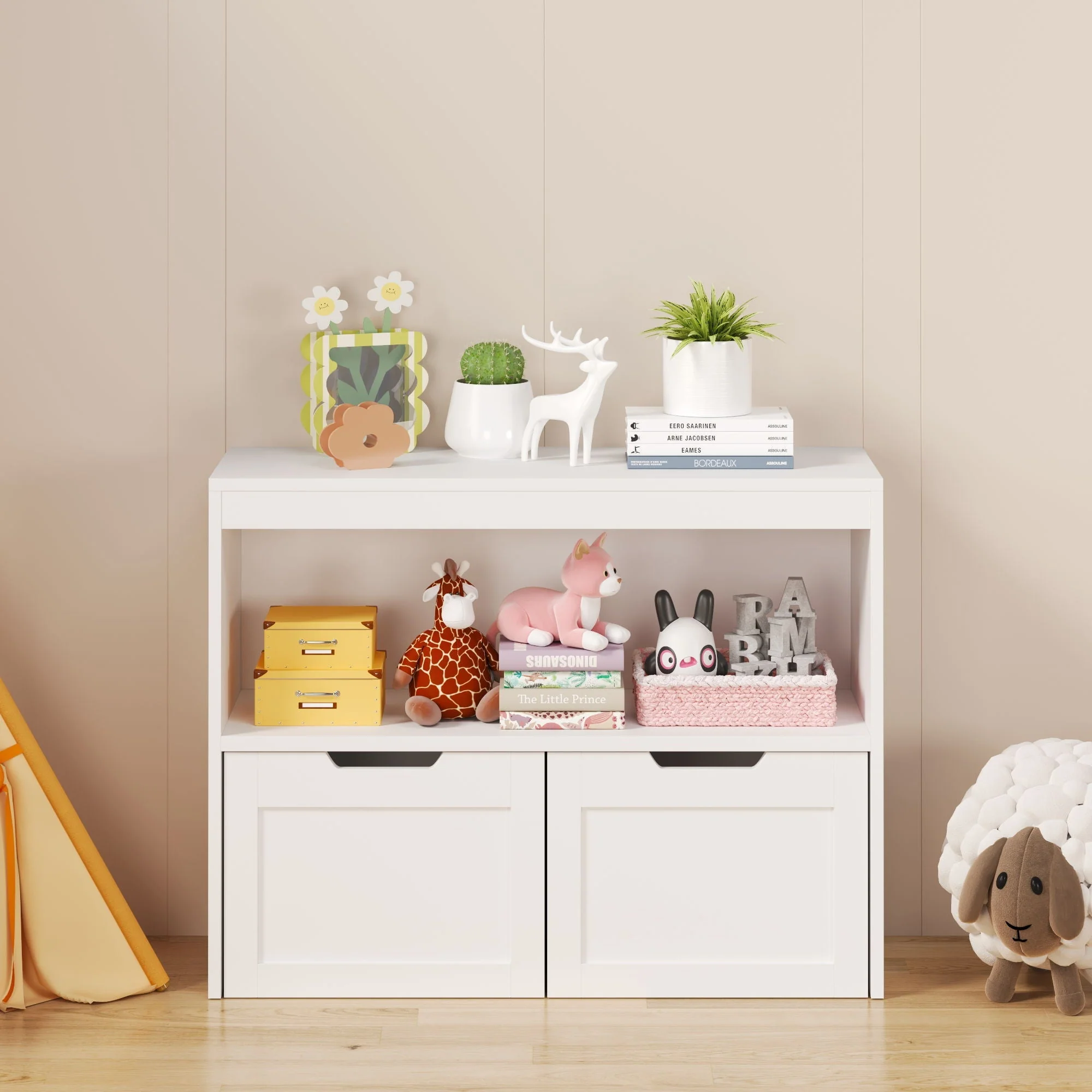Book Organizer With Large Drawers And Open Shelves, Toy Storage Cabinet With Removable Wheels And Rounded Edges - White - Image 2