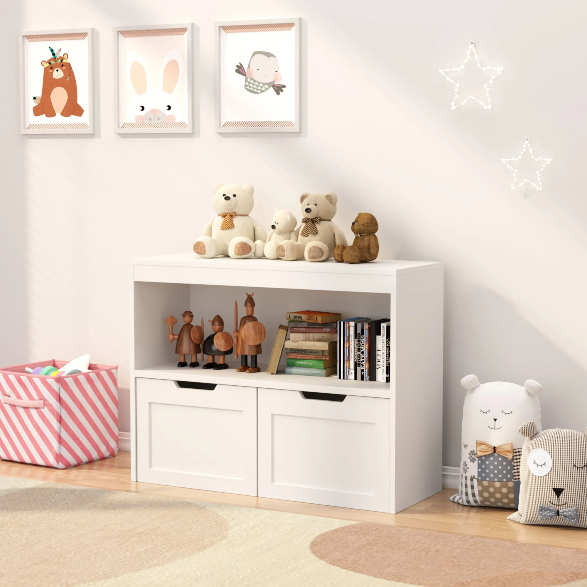 Book Organizer With Large Drawers And Open Shelves, Toy Storage Cabinet With Removable Wheels And Rounded Edges - White - Image 3