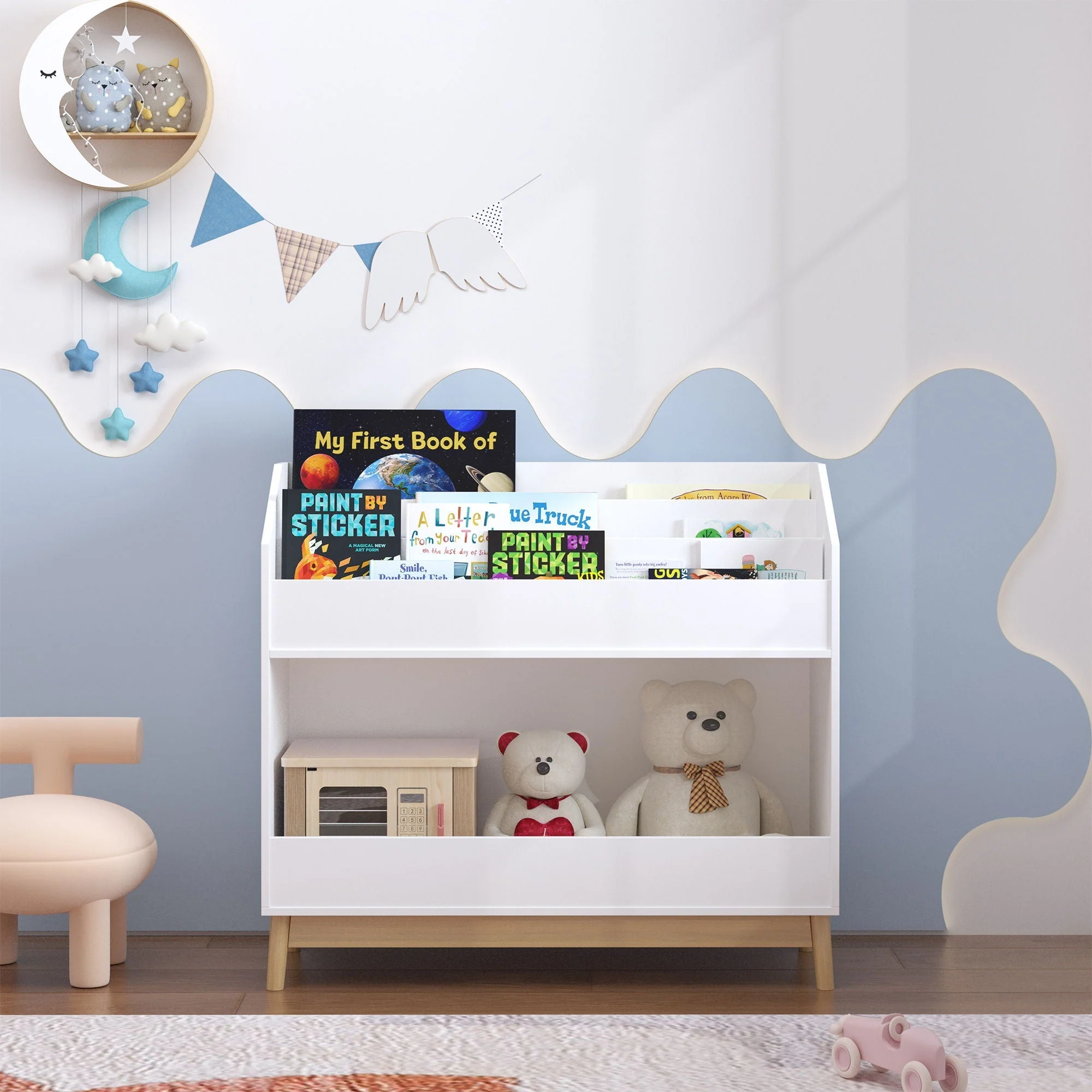 Bookcase Organizer With Storage, 3 Tier Toddler Book Display Shelf For Playroom - White - Image 2