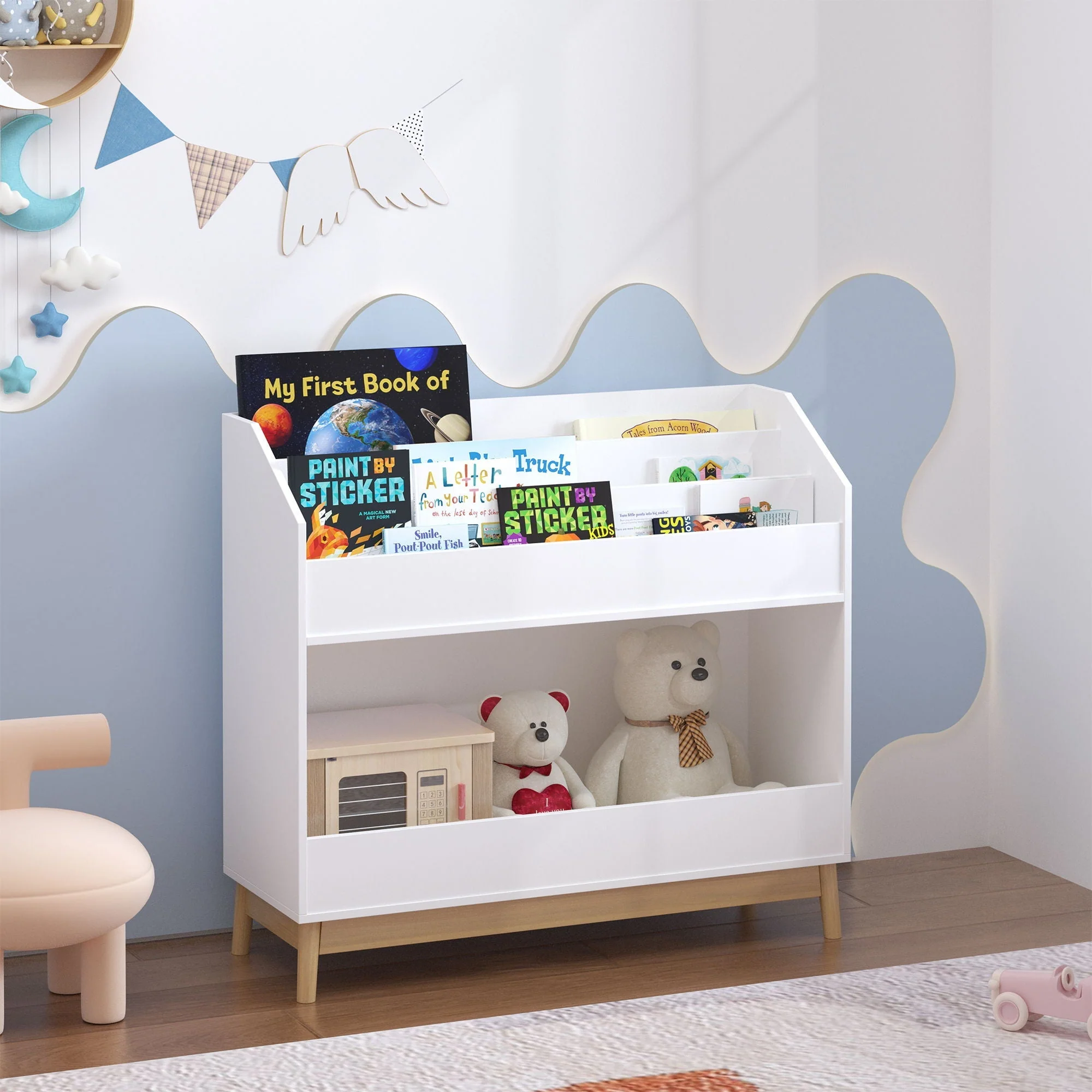 Bookcase Organizer With Storage, 3 Tier Toddler Book Display Shelf For Playroom - White - Image 4