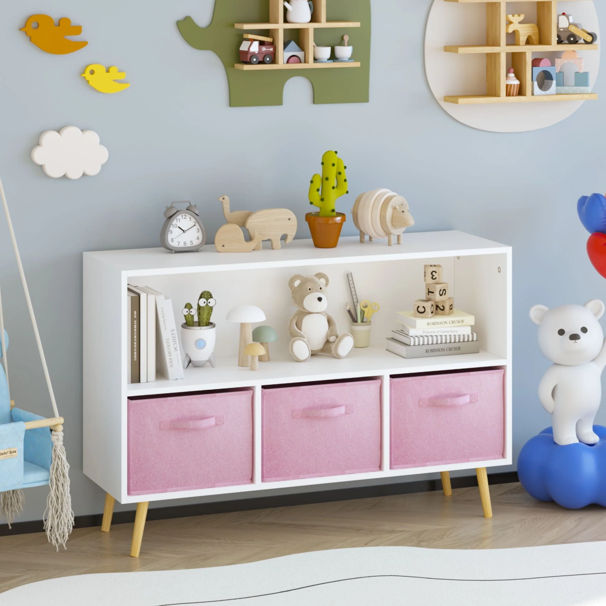 Bookcase With Collapsible Drawers, Book Display Organizer - Image 9
