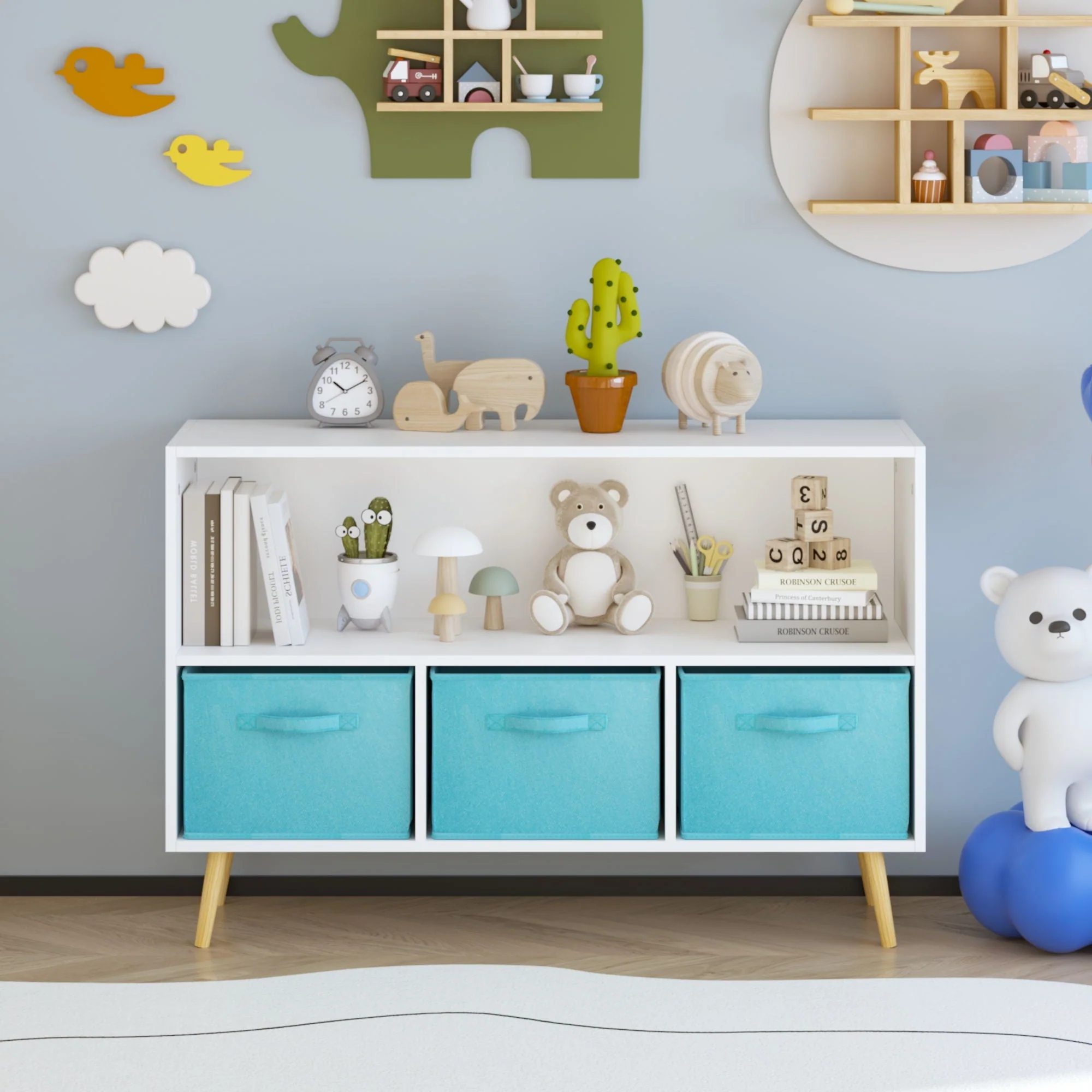 Bookcase With Collapsible Drawers, Book Display Storage Cabinet Organizer - White / Blue - Image 2