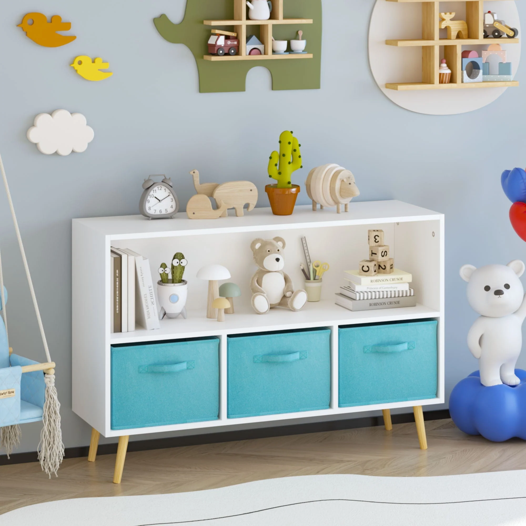 Bookcase With Collapsible Drawers, Book Display Storage Cabinet Organizer - White / Blue - Image 3