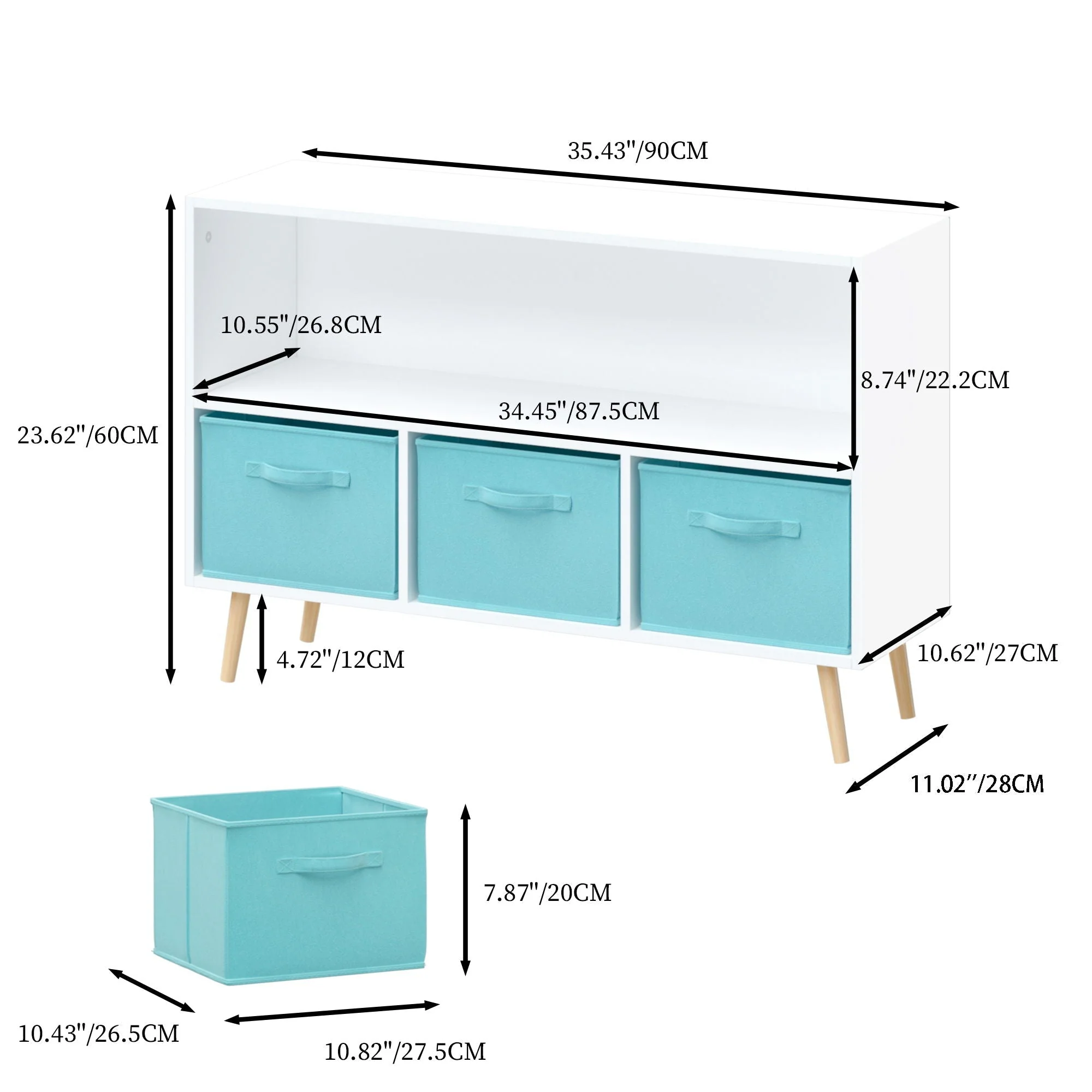 Bookcase With Collapsible Drawers, Book Display Storage Cabinet Organizer - White / Blue - Image 4