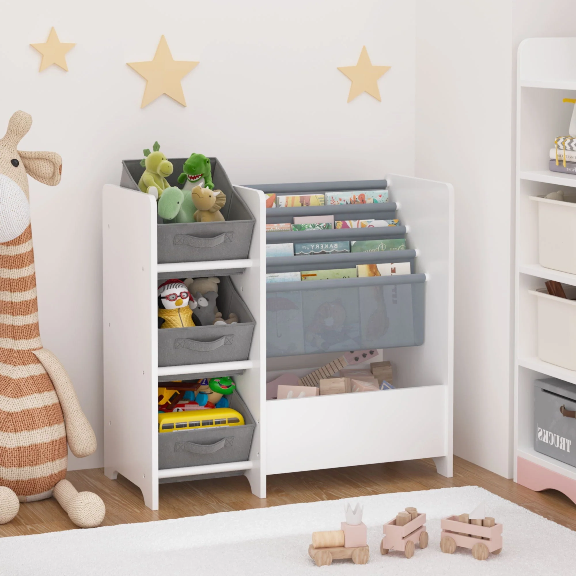 Bookshelf And Toy Storage Organizer, Multifunctional 4 Tier With 3 Collapsible Drawers - White - Image 2