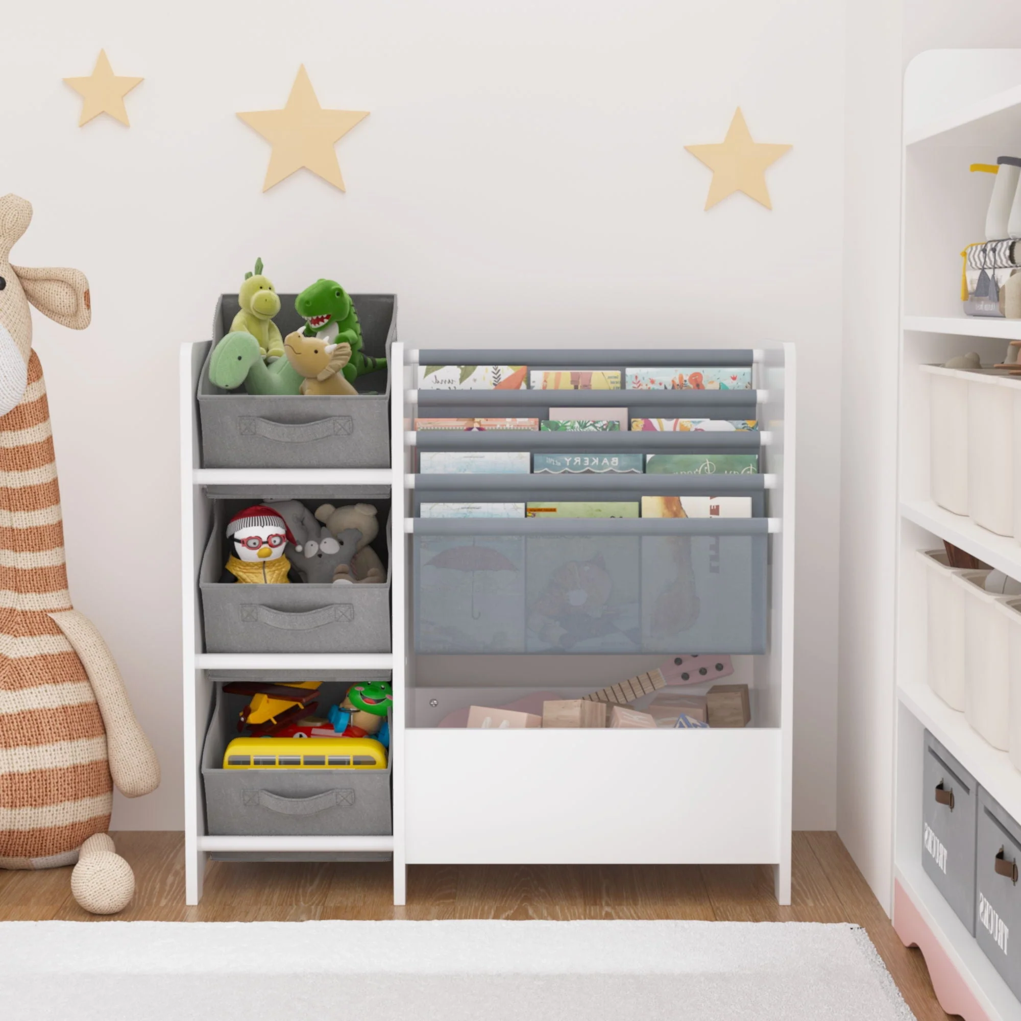 Bookshelf And Toy Storage Organizer, Multifunctional 4 Tier With 3 Collapsible Drawers - White - Image 4