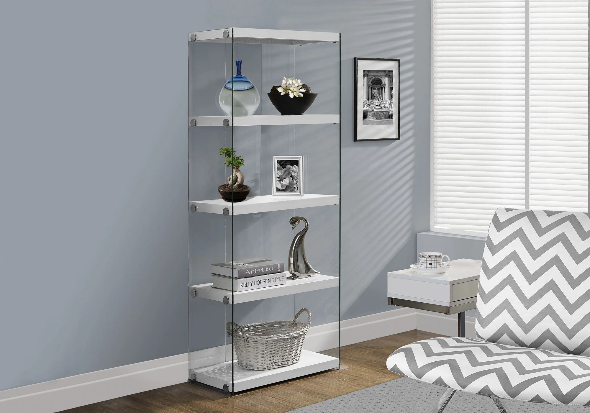 Bookshelf, Bookcase, Etagere, 5 Tier, Glossy Clear Tempered Glass - White - Image 2