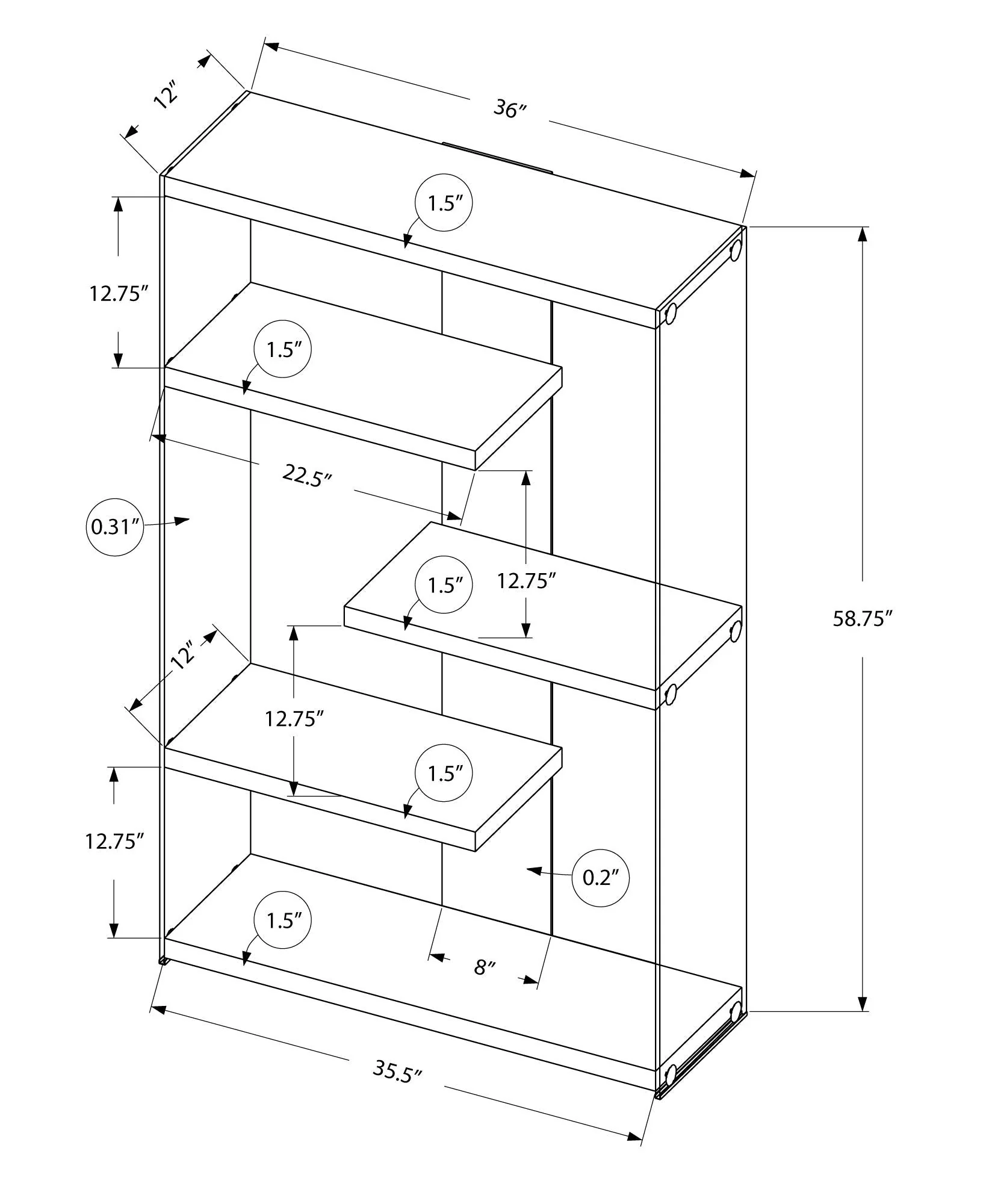 Bookshelf, Bookcase, Etagere, 5 Tier, Office, Glossy Contemporary & Modern - White - Image 3