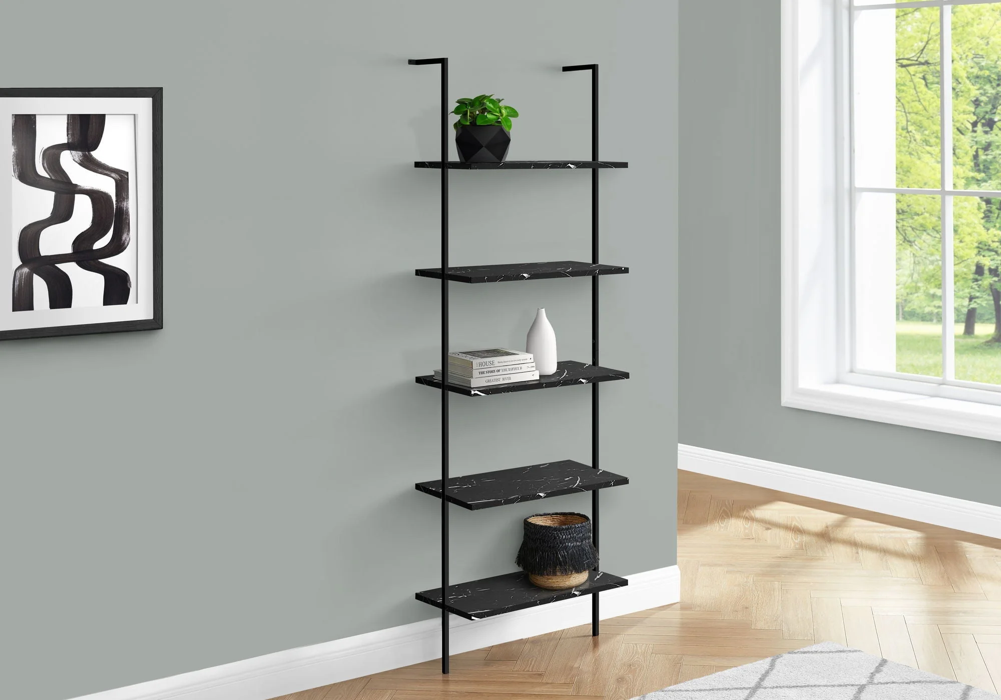 Bookshelf, Bookcase, Etagere, Ladder, 5 Tier, For Office, Marble Look Contemporary & Modern - Image 4