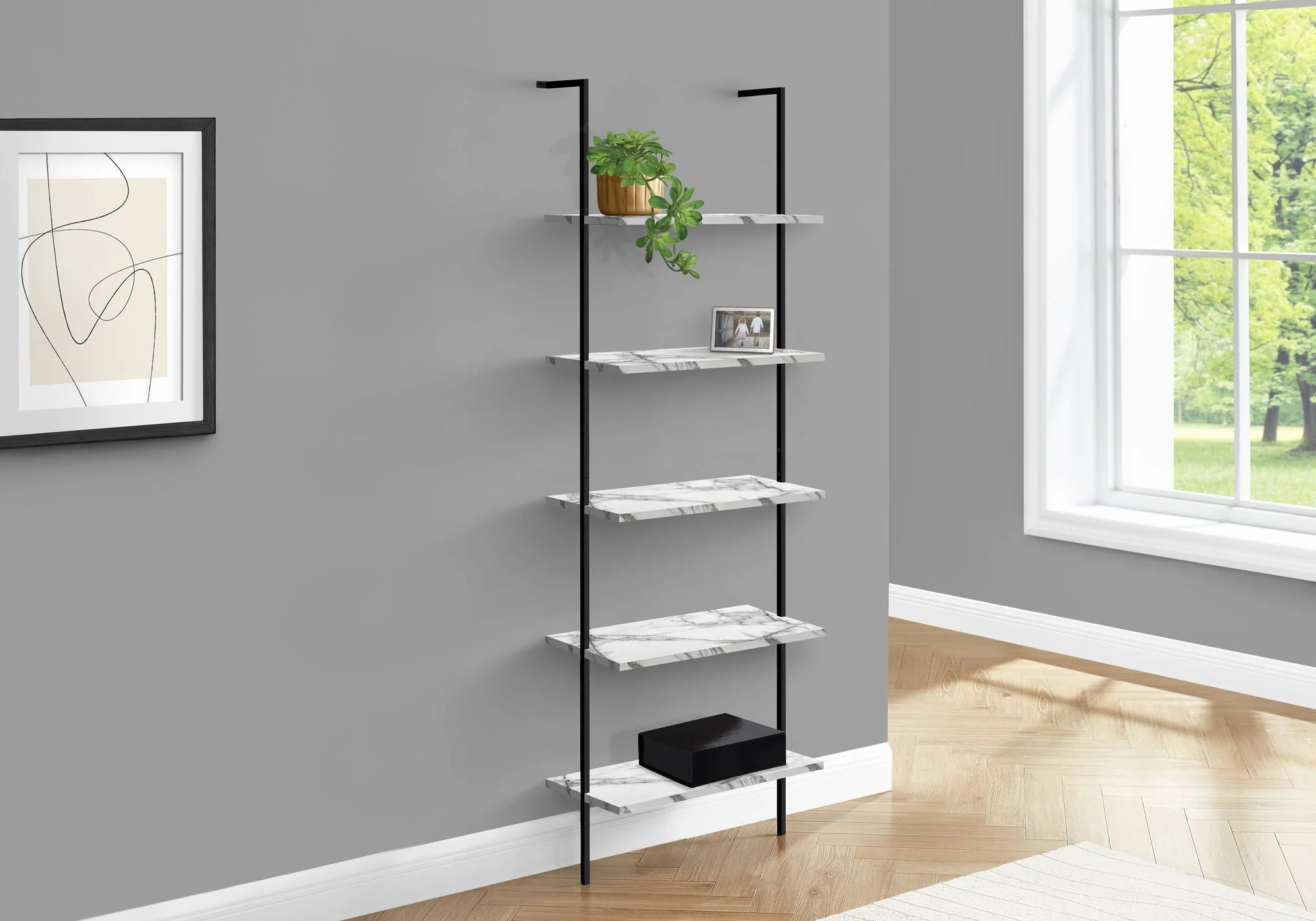 Bookshelf, Bookcase, Etagere, Ladder, 5 Tier, For Office, Marble Look Contemporary & Modern - Image 7
