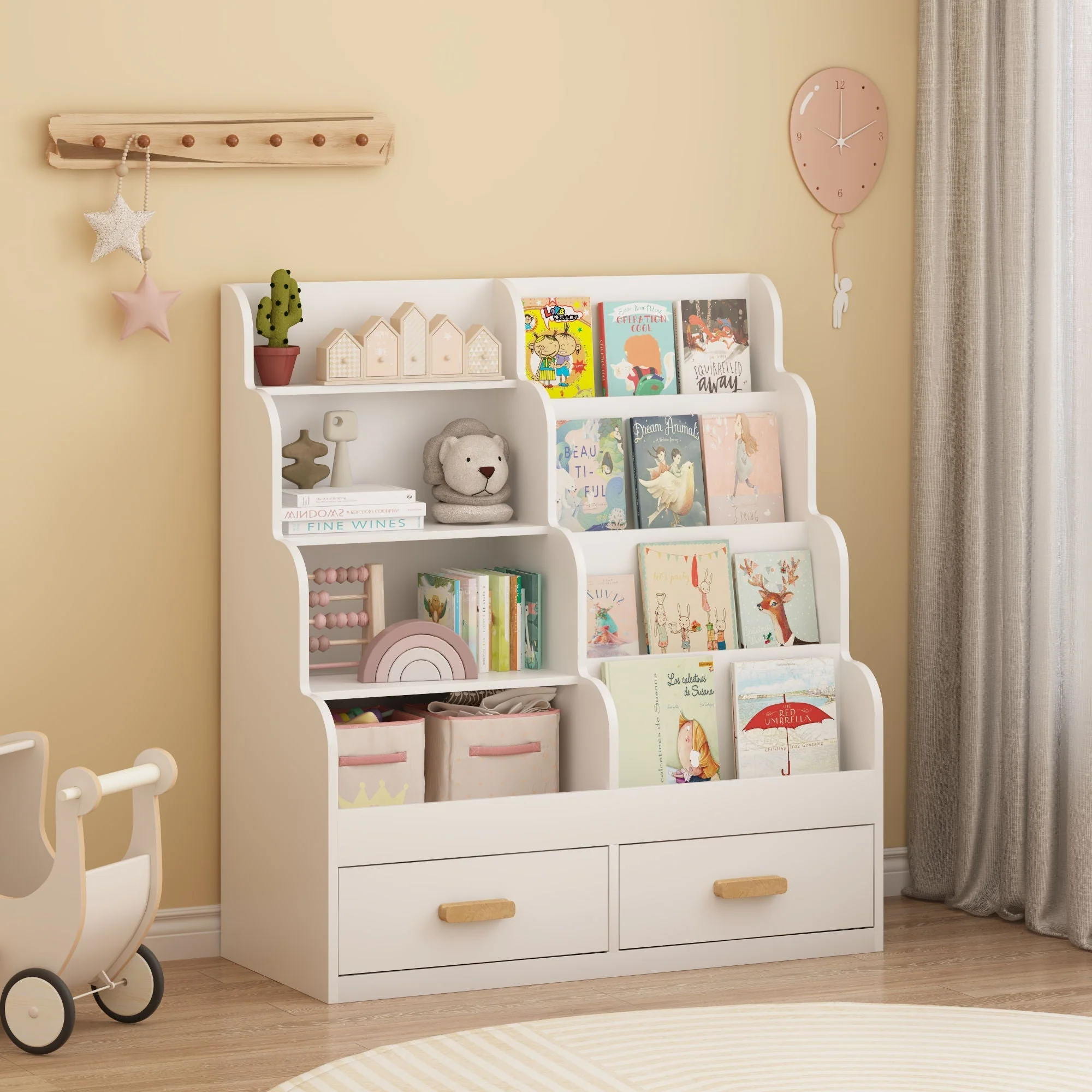 Bookshelf With 2 Storage Drawers, Front Facing Bookcase And Toy Organizer, Multi Tier Reading Shelf - White - Image 2