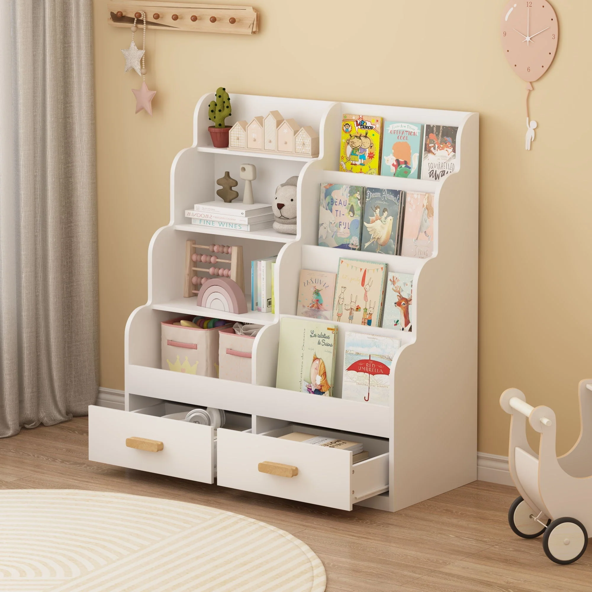 Bookshelf With 2 Storage Drawers, Front Facing Bookcase And Toy Organizer, Multi Tier Reading Shelf - White - Image 4