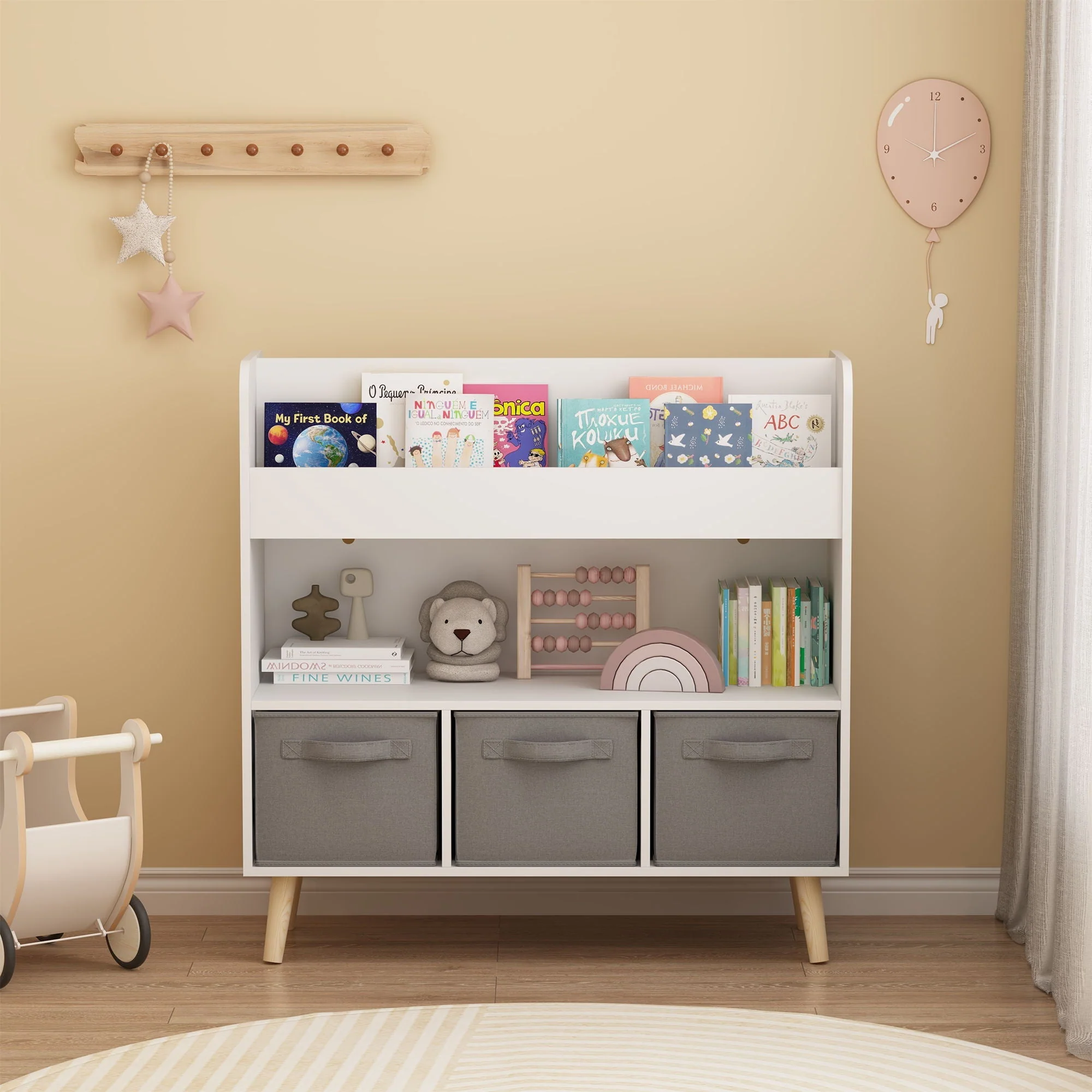 Bookshelf With 3 Bins, Storage Shelf For Toys And Books - White - Image 2