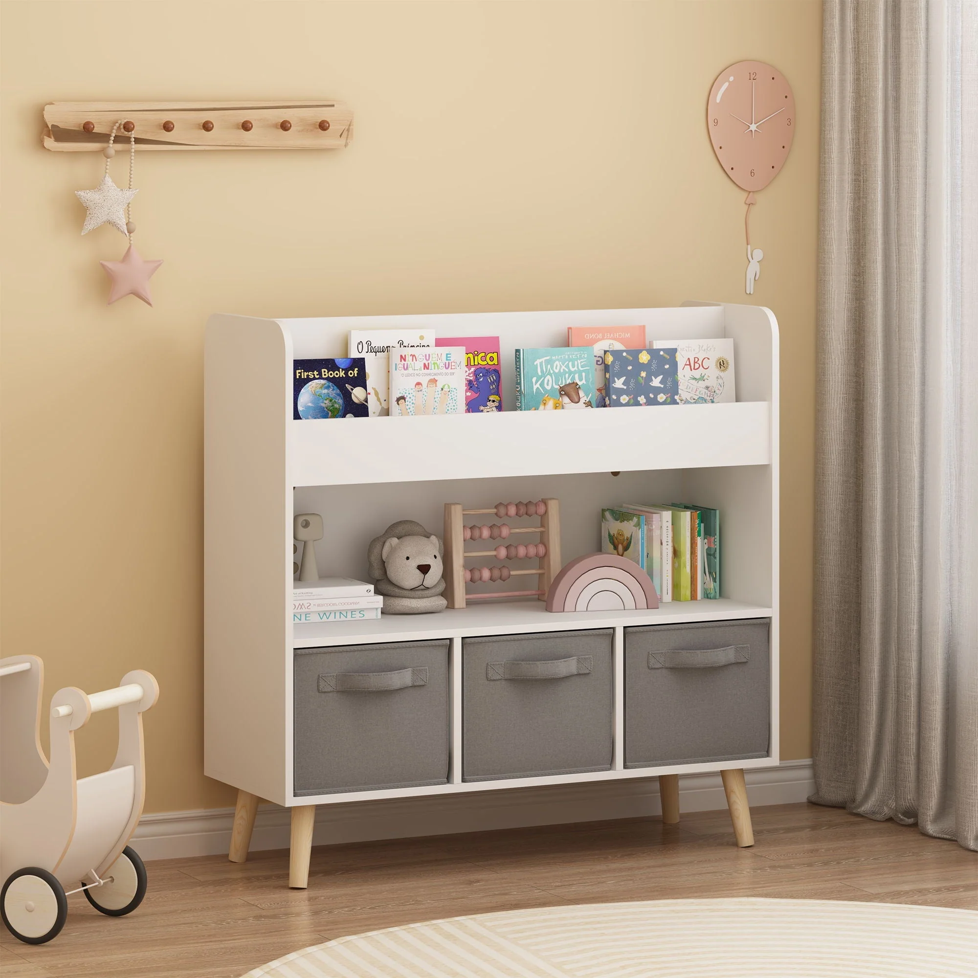 Bookshelf With 3 Bins, Storage Shelf For Toys And Books - White - Image 3