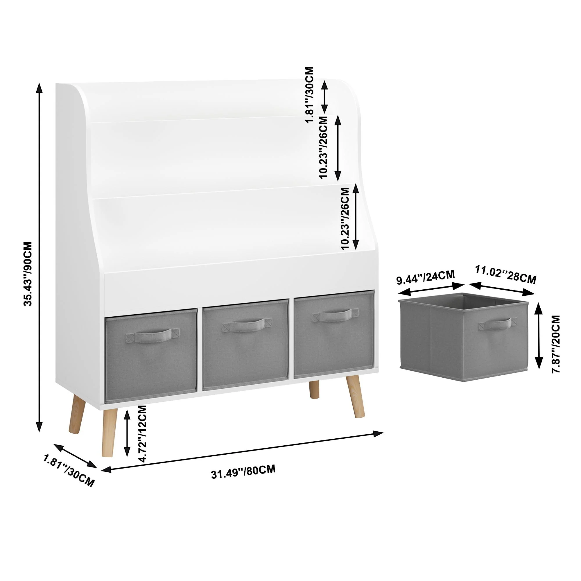 Bookshelf With 3 Storage Bins, Book Display Organizer, Front Facing Book Rack - White - Image 2
