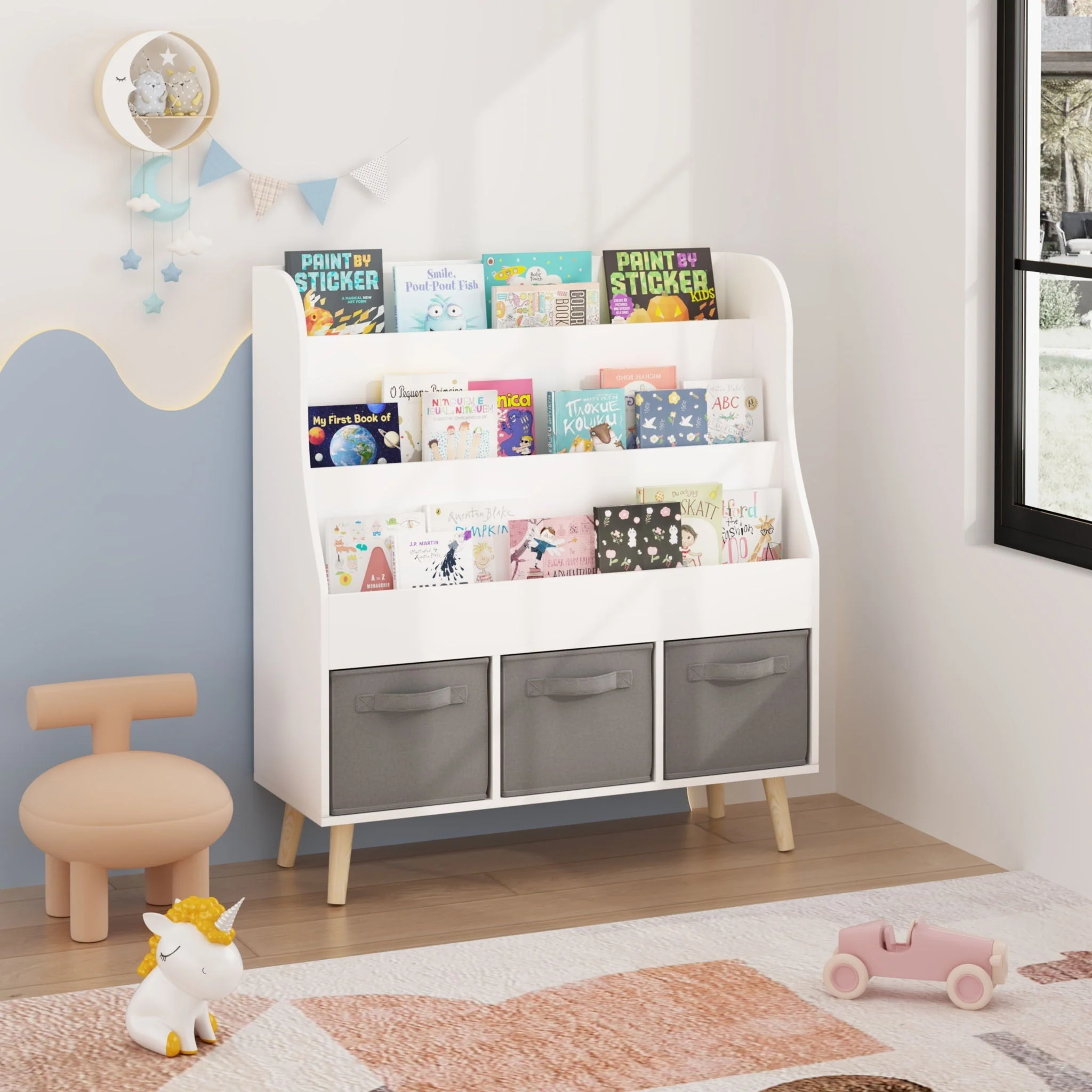 Bookshelf With 3 Storage Bins, Book Display Organizer, Front Facing Book Rack - White - Image 3