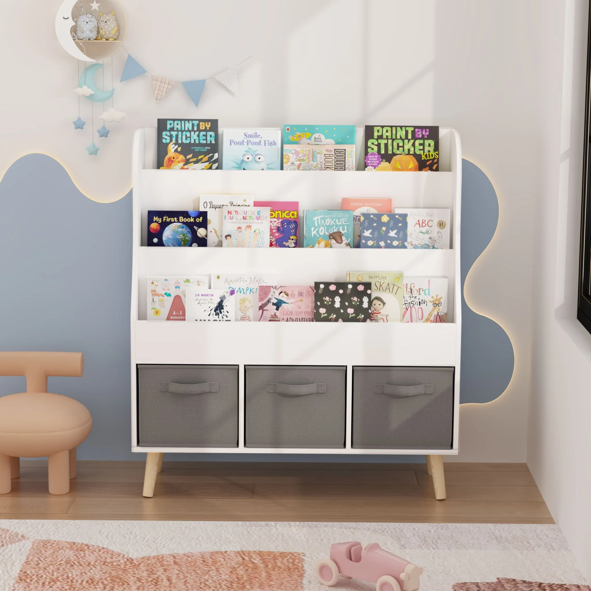 Bookshelf With 3 Storage Bins, Book Display Organizer, Front Facing Book Rack - White - Image 4