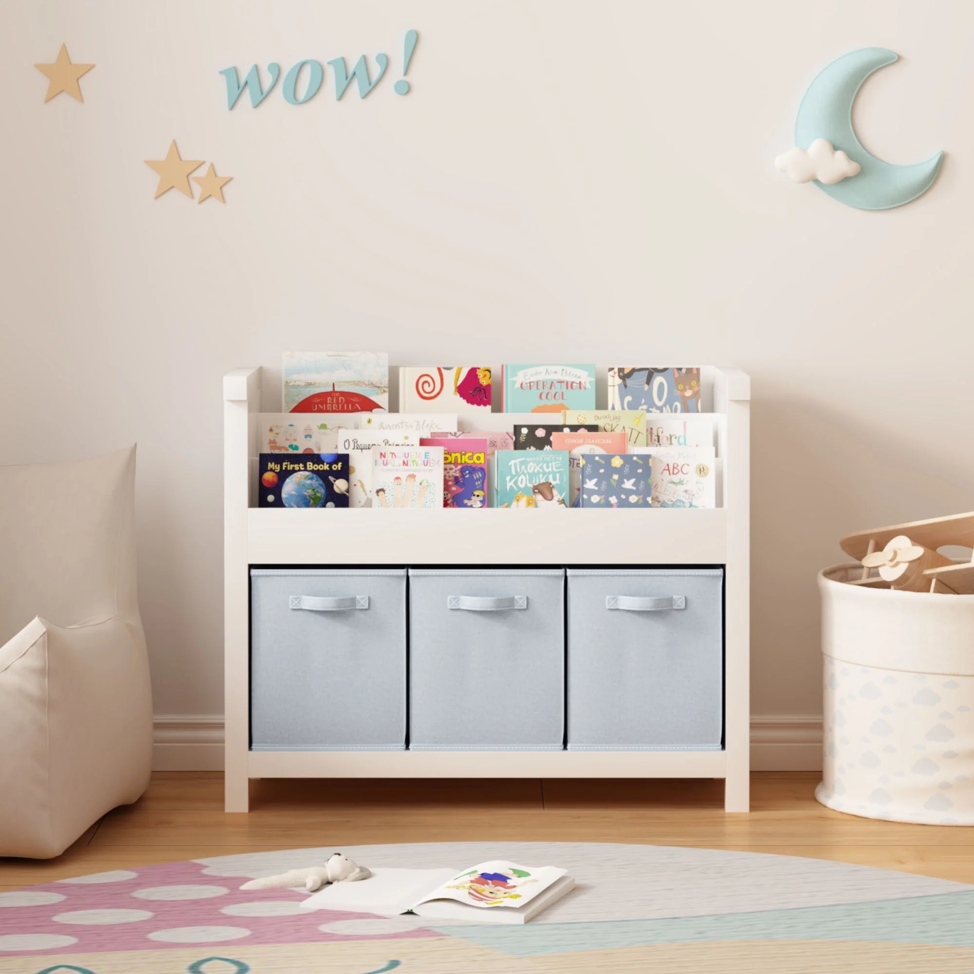 Bookshelf With 3 Tier Front Facing Storage And 3 Bins, Toddler Bookcase For Playroom - White - Image 2