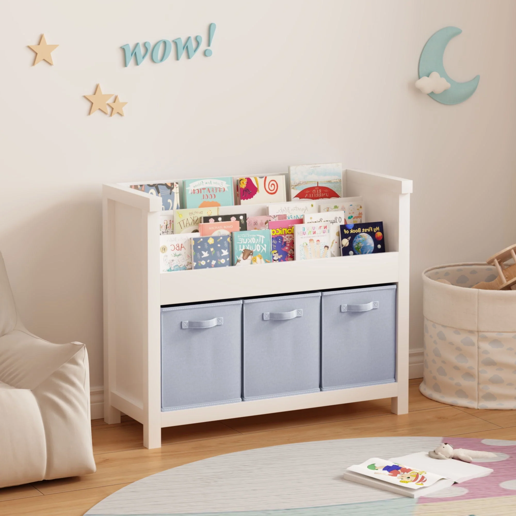 Bookshelf With 3 Tier Front Facing Storage And 3 Bins, Toddler Bookcase For Playroom - White - Image 4