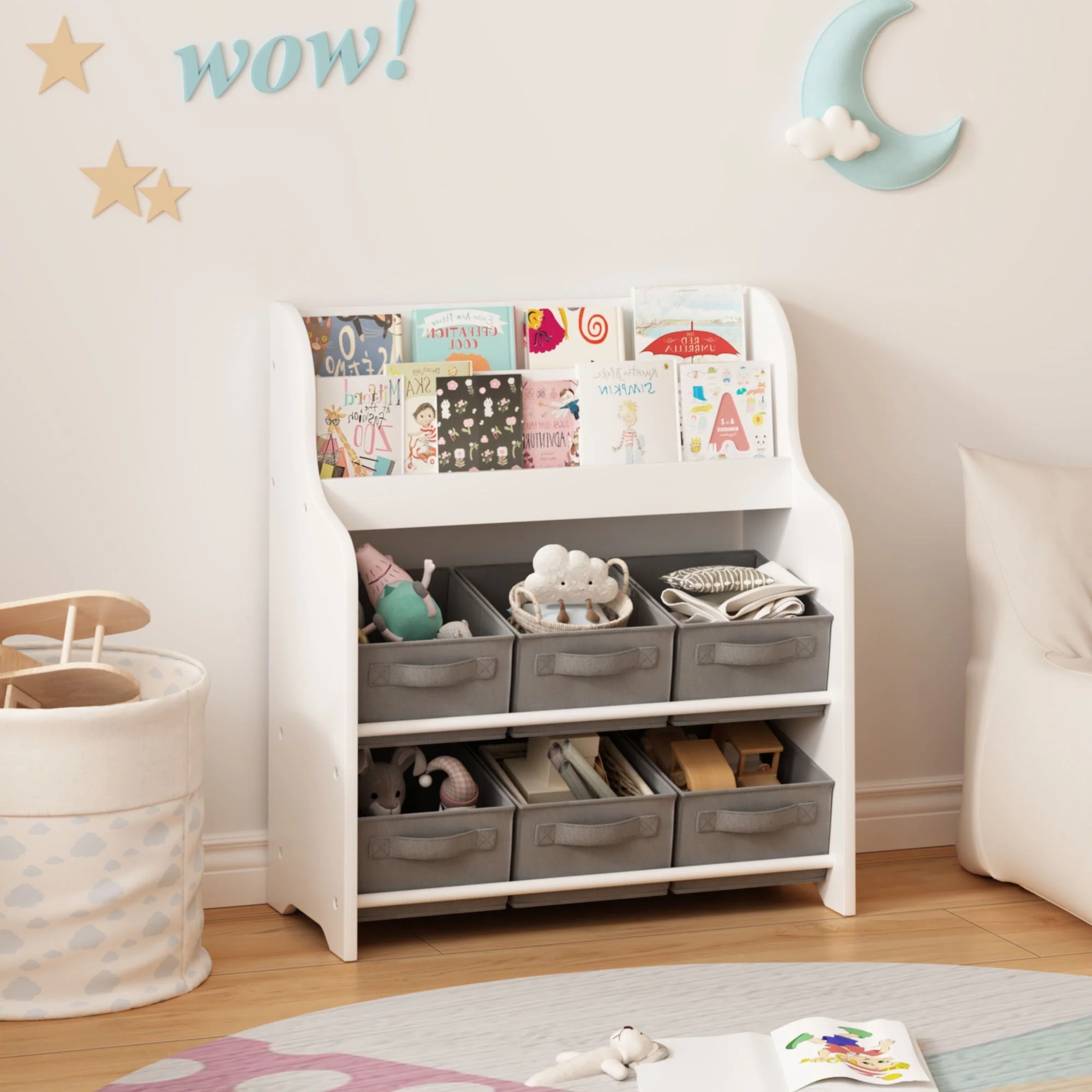 Bookshelf With 6 Storage Bins, Multi Functional Children's Bookcase And Toy Organizer - White - Image 2