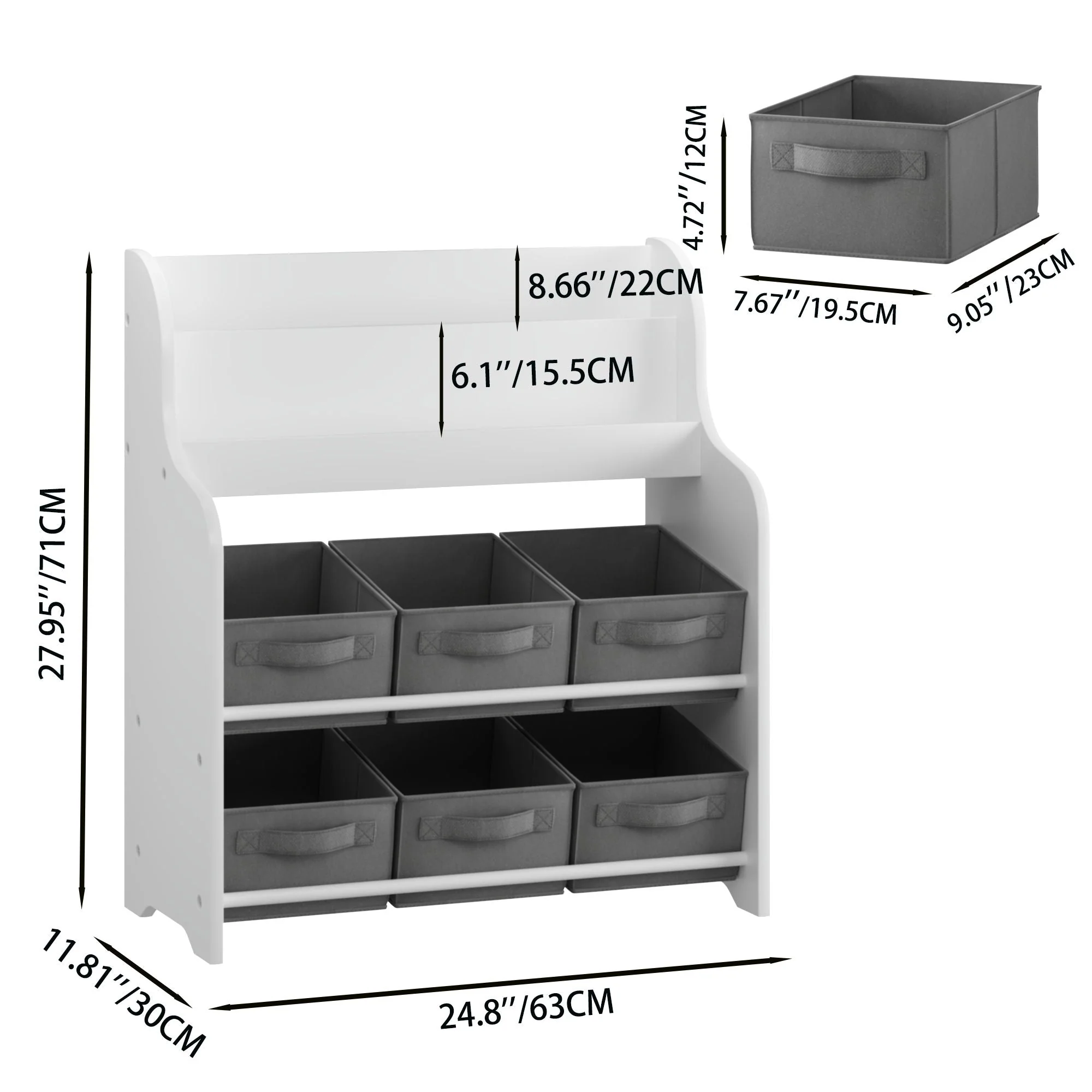 Bookshelf With 6 Storage Bins, Multi Functional Children's Bookcase And Toy Organizer - White - Image 3