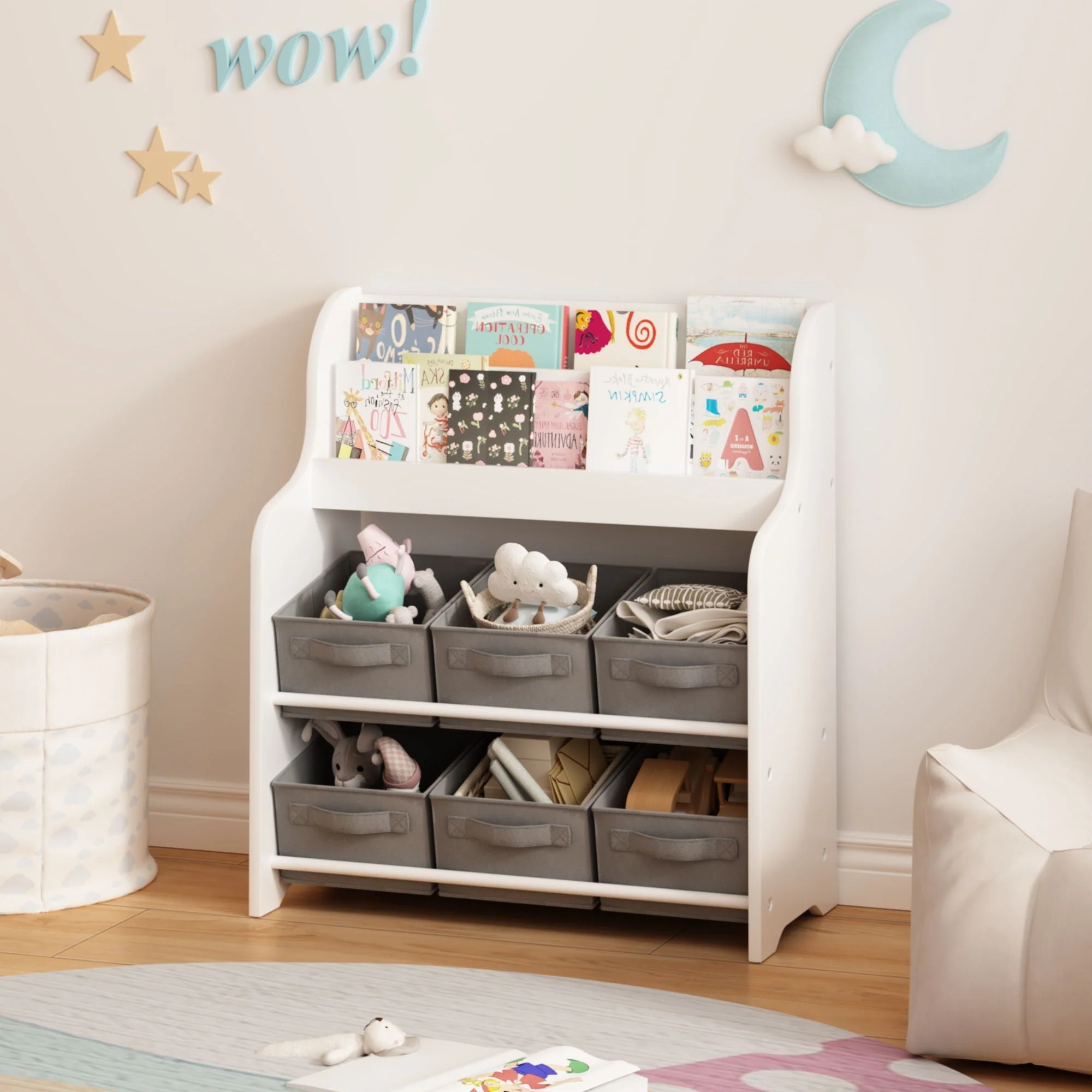 Bookshelf With 6 Storage Bins, Multi Functional Children's Bookcase And Toy Organizer - White - Image 4