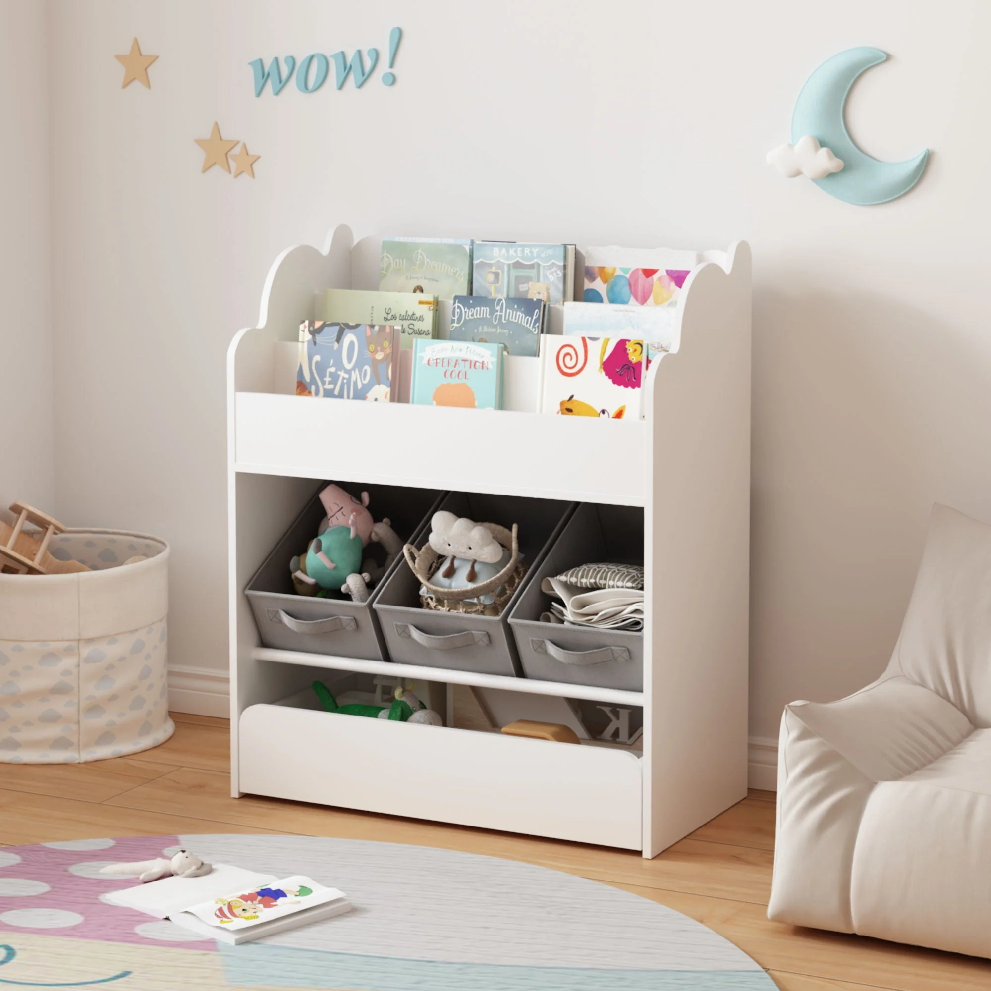 Bookshelf With Storage Bins And Drawer, Multi Functional Book Organizer For Toddlers - White - Image 2