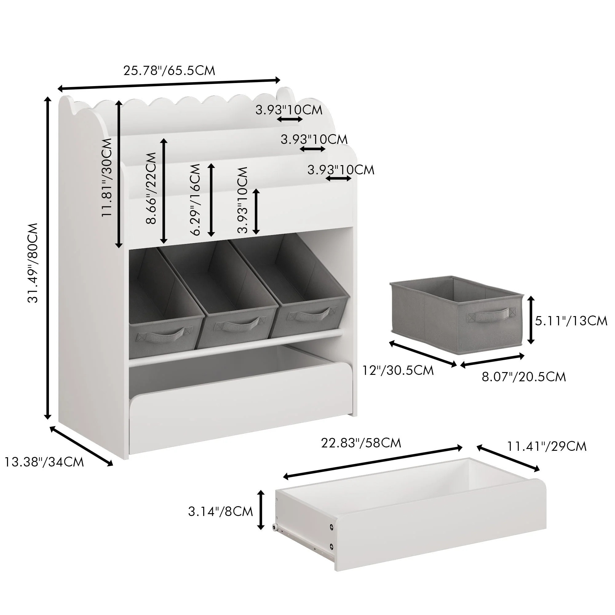 Bookshelf With Storage Bins And Drawer, Multi Functional Book Organizer For Toddlers - White - Image 3