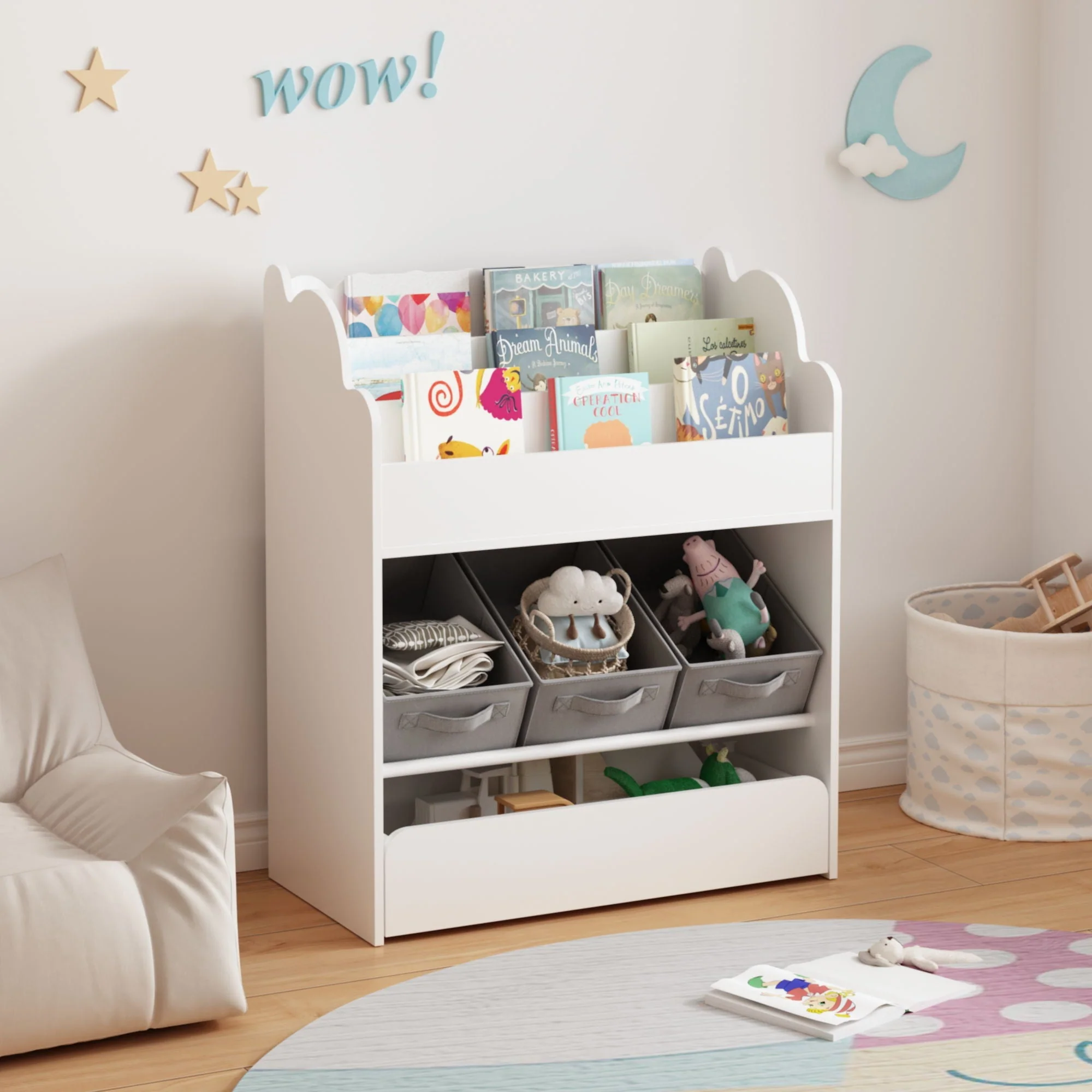 Bookshelf With Storage Bins And Drawer, Multi Functional Book Organizer For Toddlers - White - Image 4