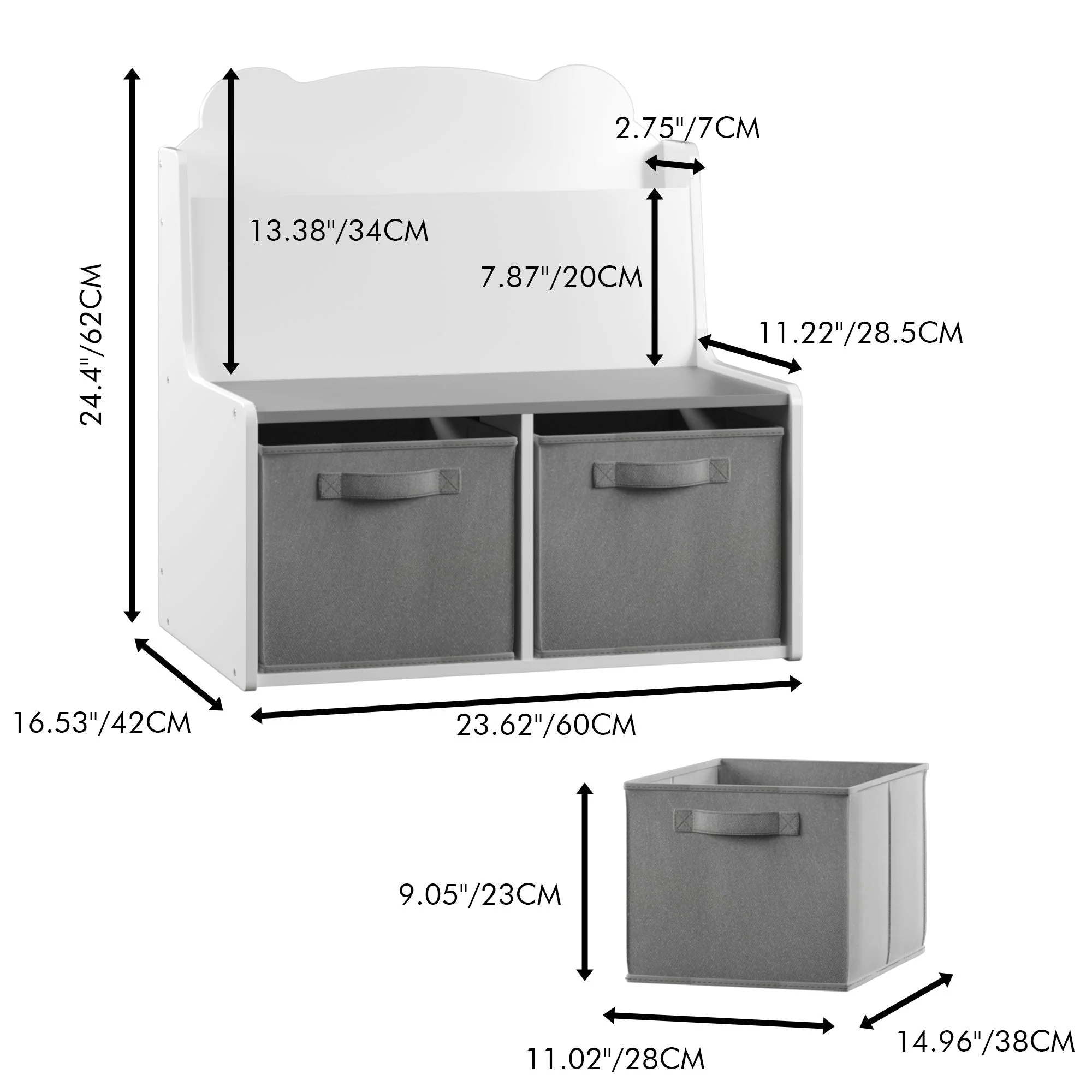 Bookshelf With Storage Bins, Bookcase With Book Display Shelf And 2 Bins, Cute Bear Shaped Backboard, Toy Organizer - White - Image 2